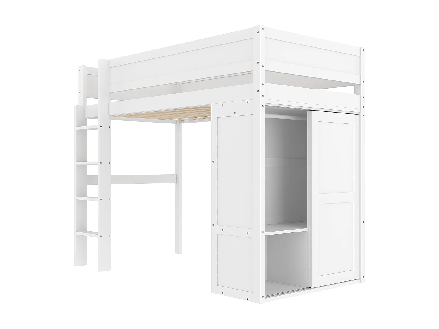 Letto a soppalco per bambini 90x200cm con scaletta e armadio, robusta barriera di sicurezza, struttura in pino, bianco, senza materasso