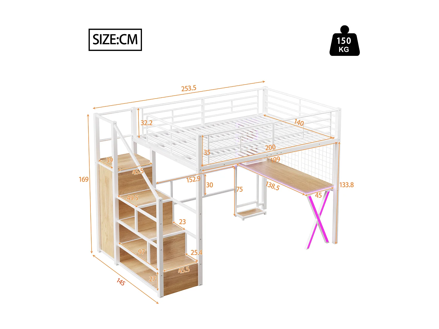 Lit Mezzanine Enfant 140×200 cm - LED - Escalier de Rangement - Bureau - Penderie - Métal Blanc, sans matelas