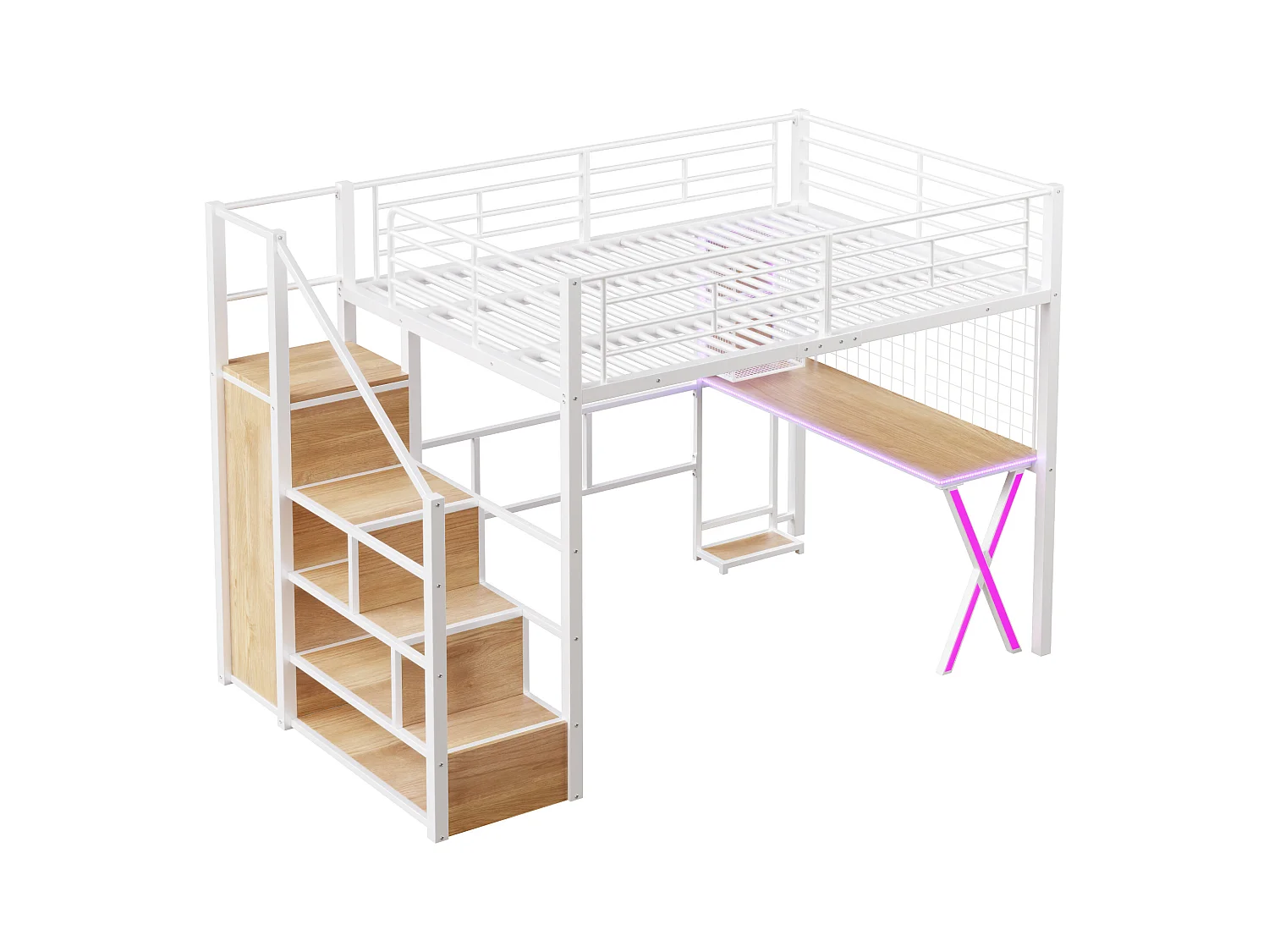 Lit Mezzanine Enfant 140×200 cm - LED - Escalier de Rangement - Bureau - Penderie - Métal Blanc, sans matelas