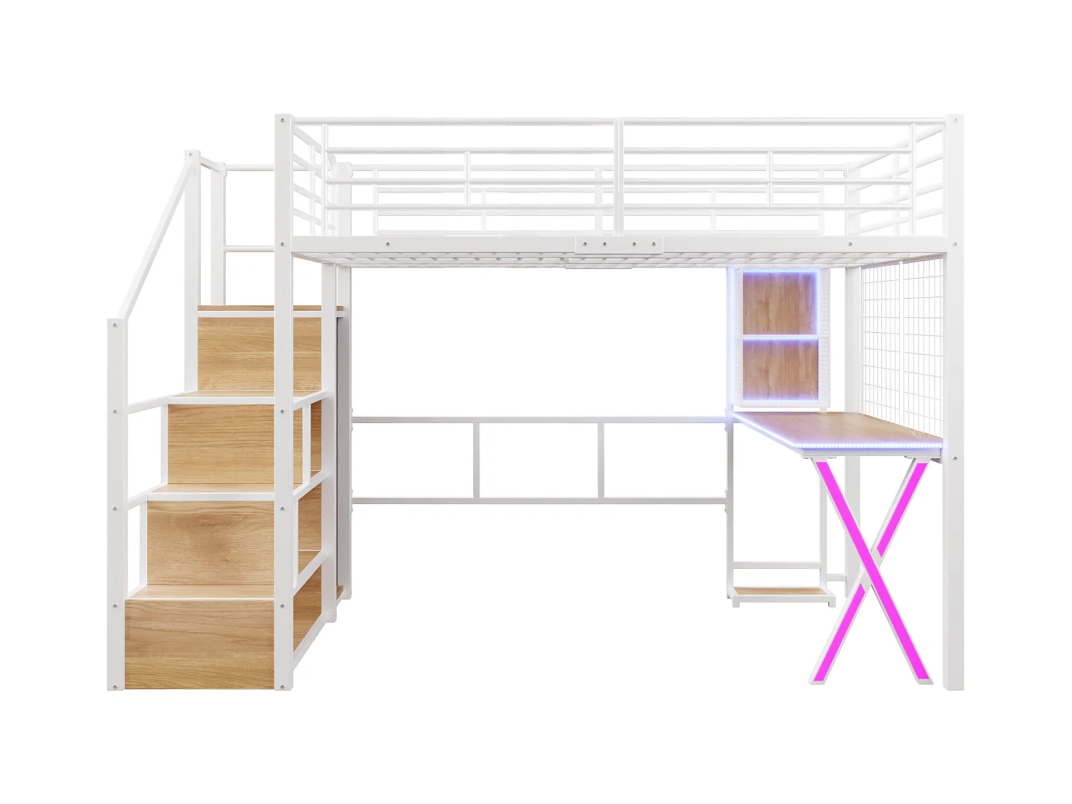 Lit Mezzanine Enfant 140×200 cm - LED - Escalier de Rangement - Bureau - Penderie - Métal Blanc, sans matelas