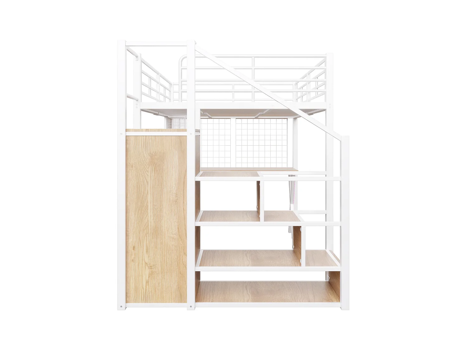 Lit Mezzanine Enfant 140×200 cm - LED - Escalier de Rangement - Bureau - Penderie - Métal Blanc, sans matelas