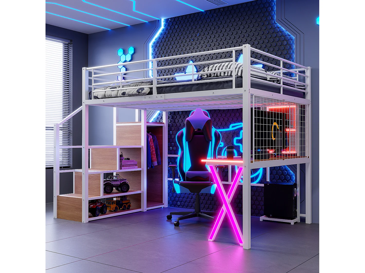 Lit Mezzanine Enfant 140×200 cm - LED - Escalier de Rangement - Bureau - Penderie - Métal Blanc, sans matelas