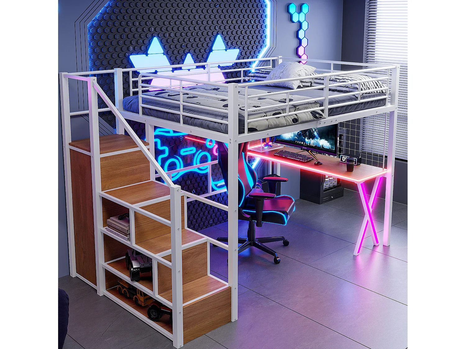 Lit Mezzanine Enfant 140×200 cm - LED - Escalier de Rangement - Bureau - Penderie - Métal Blanc, sans matelas