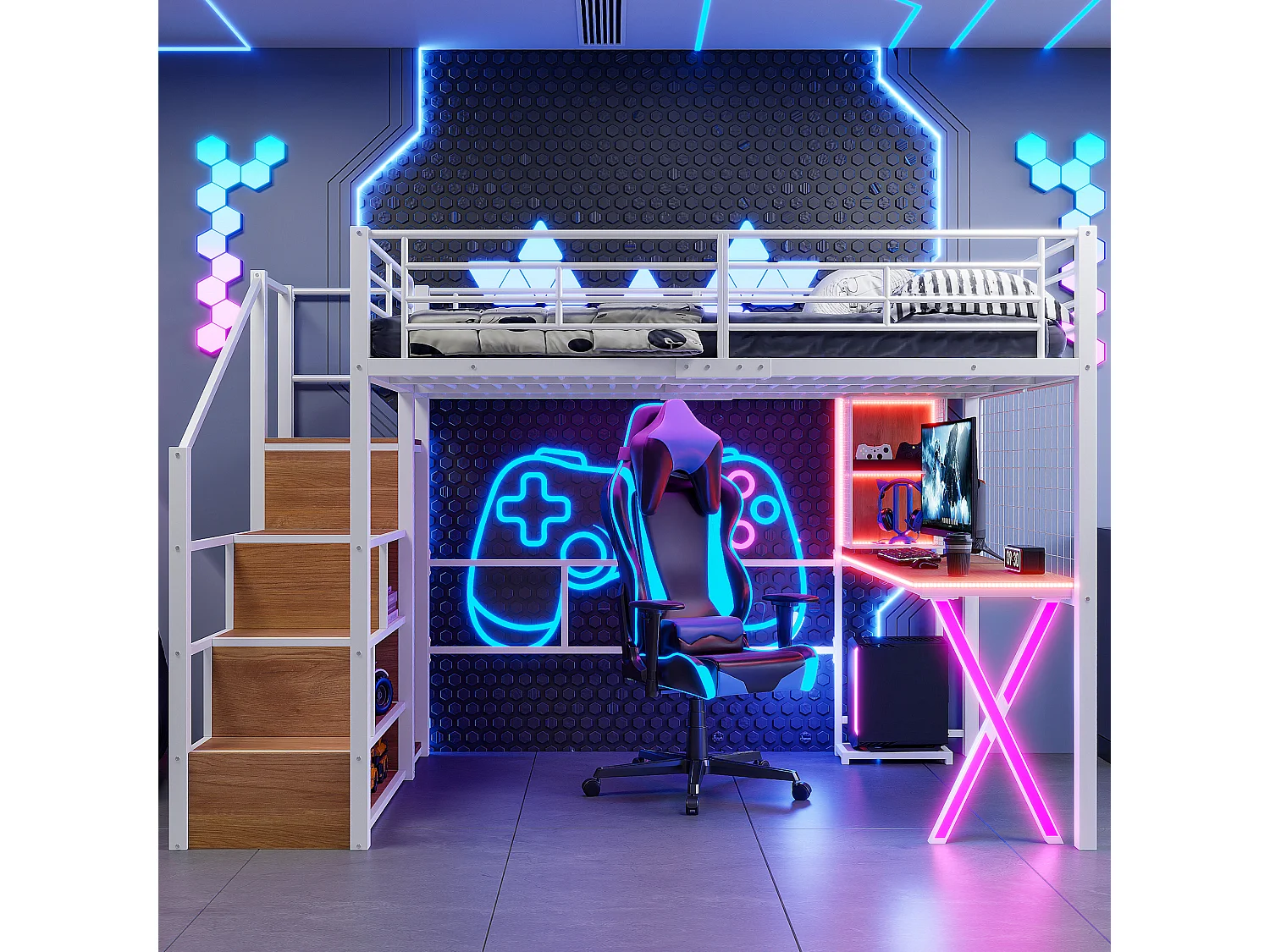 Lit Mezzanine Enfant 140×200 cm - LED - Escalier de Rangement - Bureau - Penderie - Métal Blanc, sans matelas