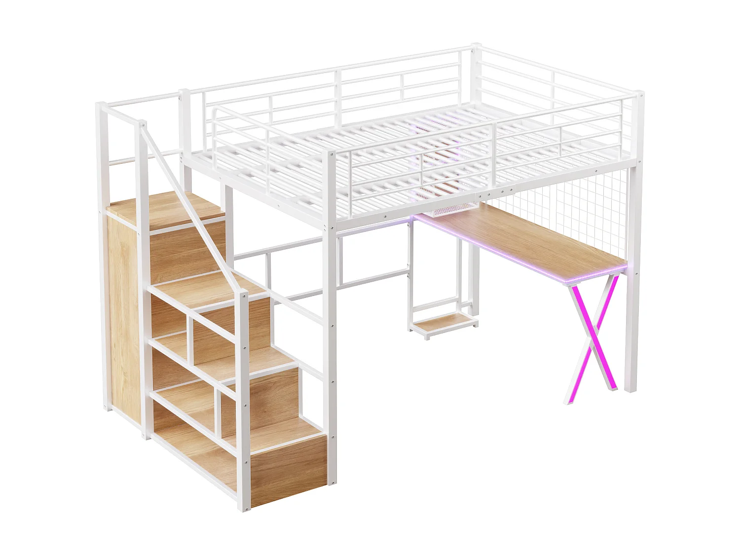 Lit Mezzanine Enfant 140×200 cm - LED - Escalier de Rangement - Bureau - Penderie - Métal Blanc, sans matelas