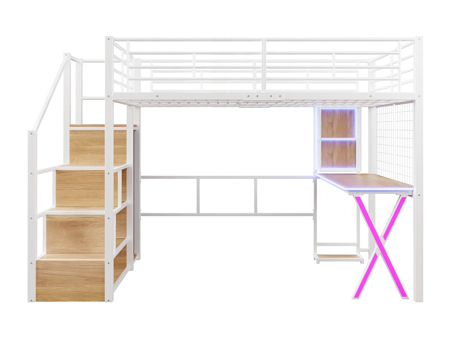 Lit Mezzanine Enfant 140×200 cm - LED - Escalier de Rangement - Bureau - Penderie - Métal Blanc, sans matelas