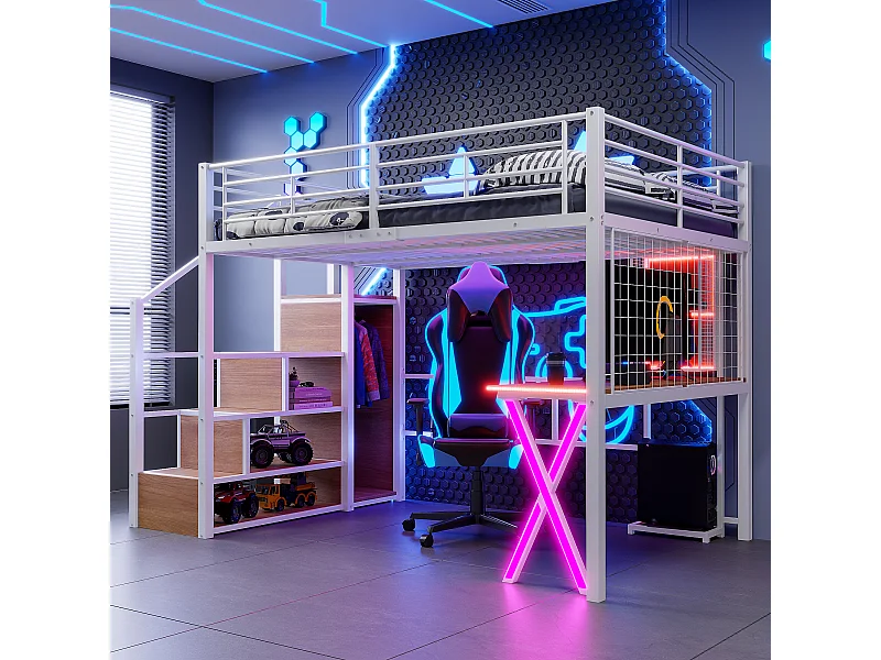 Lit Mezzanine Enfant 140×200 cm - LED - Escalier de Rangement - Bureau - Penderie - Métal Blanc, sans matelas