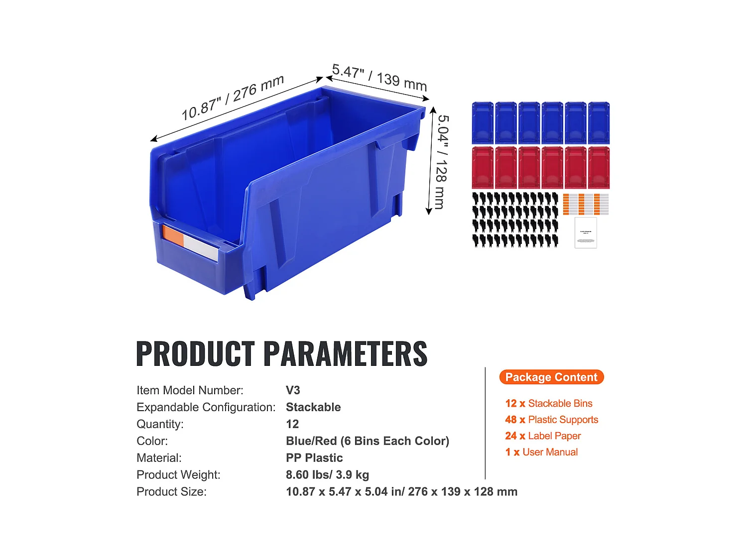 Bacs de Rangement SucceBuy Empilables Suspendus, Lot de 12 Boîtes de Rangement en Plastique, Bleu/Rouge
