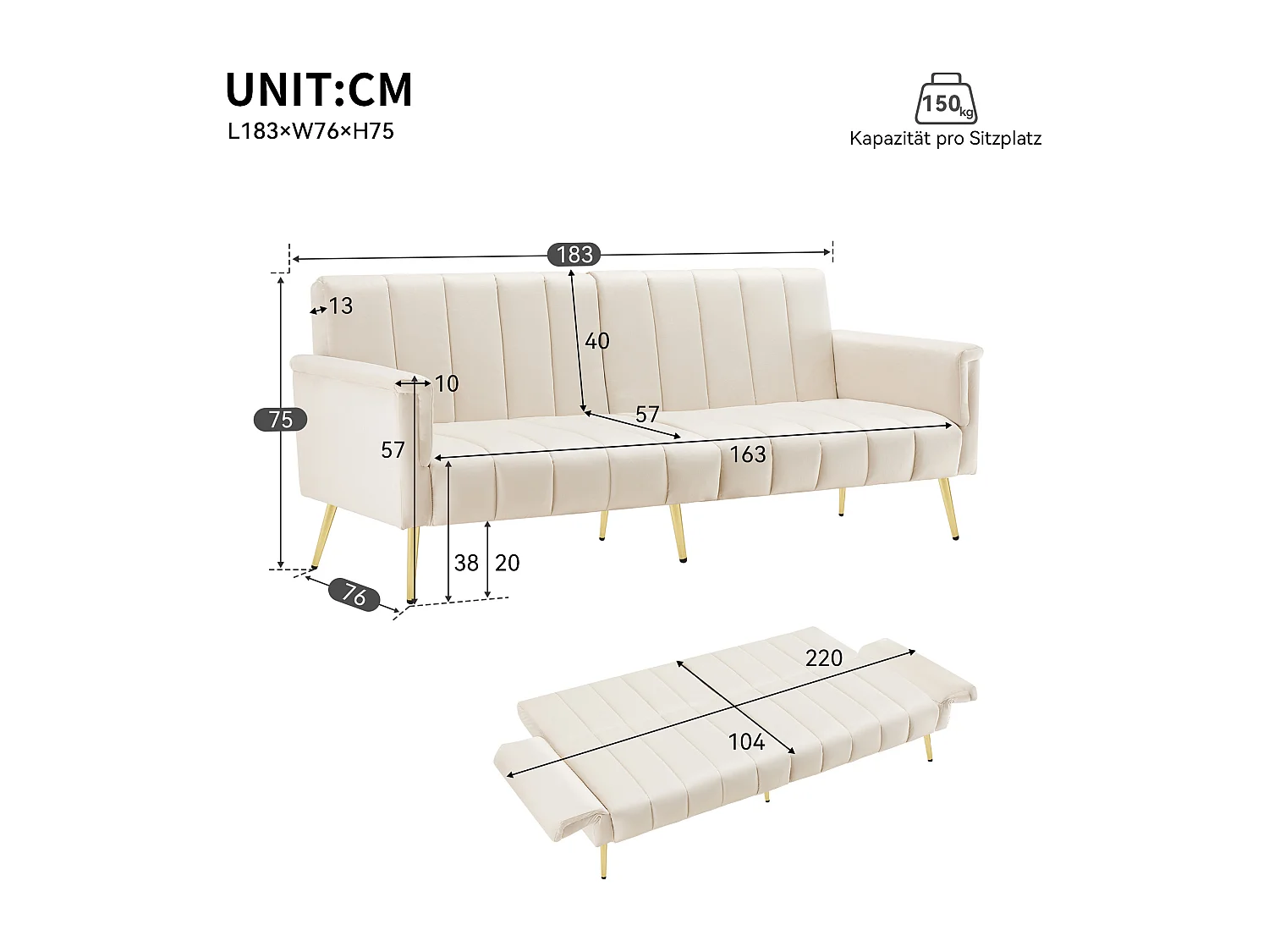 2-zits rechte slaapbank in beige fluweel, neerklapbare rugleuning en armleuningen - 183x76x75cm