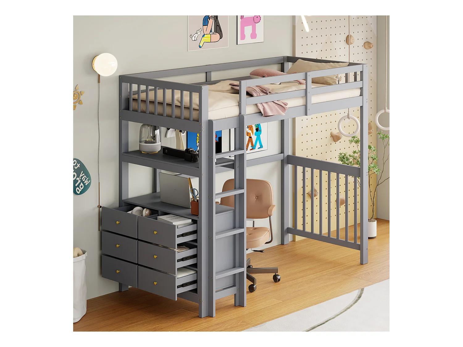 Kinderhoogslaper 90x200cm met lades en opbergplanken, grenen, grijs, zonder matras