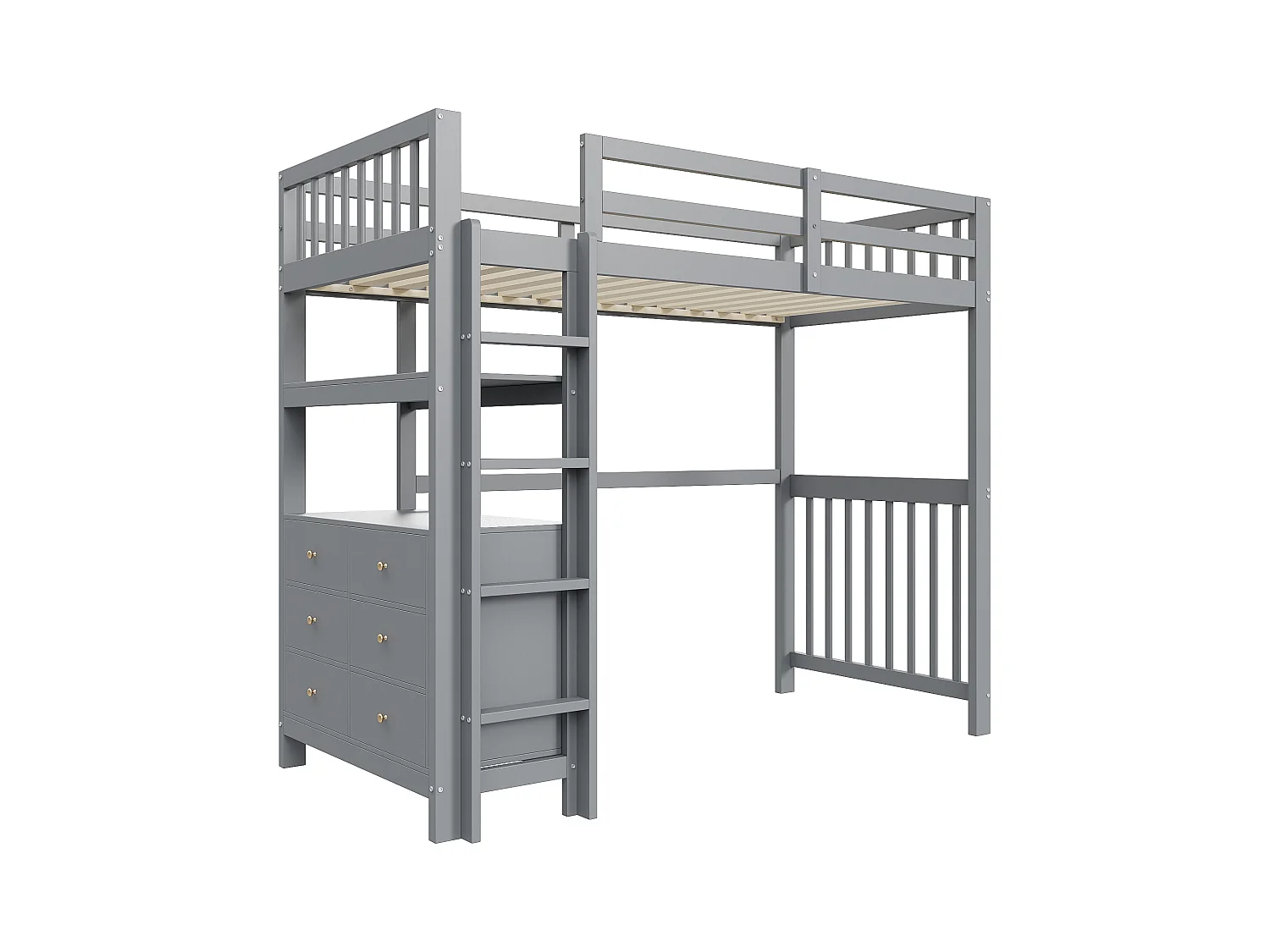 Kinderhoogslaper 90x200cm met lades en opbergplanken, grenen, grijs, zonder matras