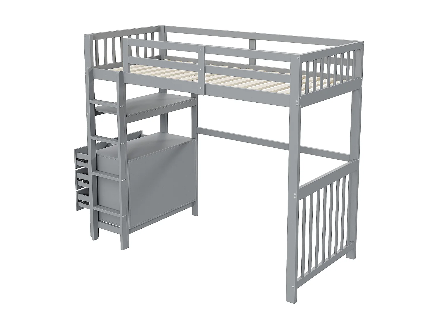 Lit mezzanine enfant 90x200cm avec tiroirs et étagères de rangement, pin, gris, sans matelas