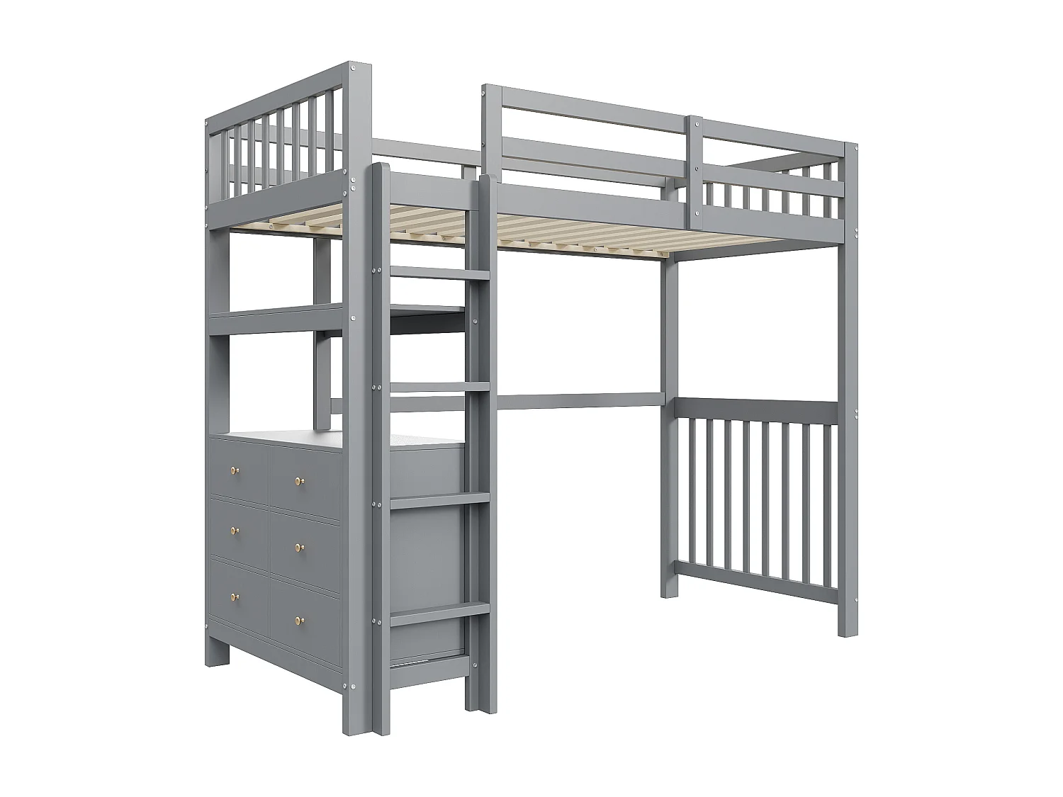 Lit mezzanine enfant 90x200cm avec tiroirs et étagères de rangement, pin, gris, sans matelas