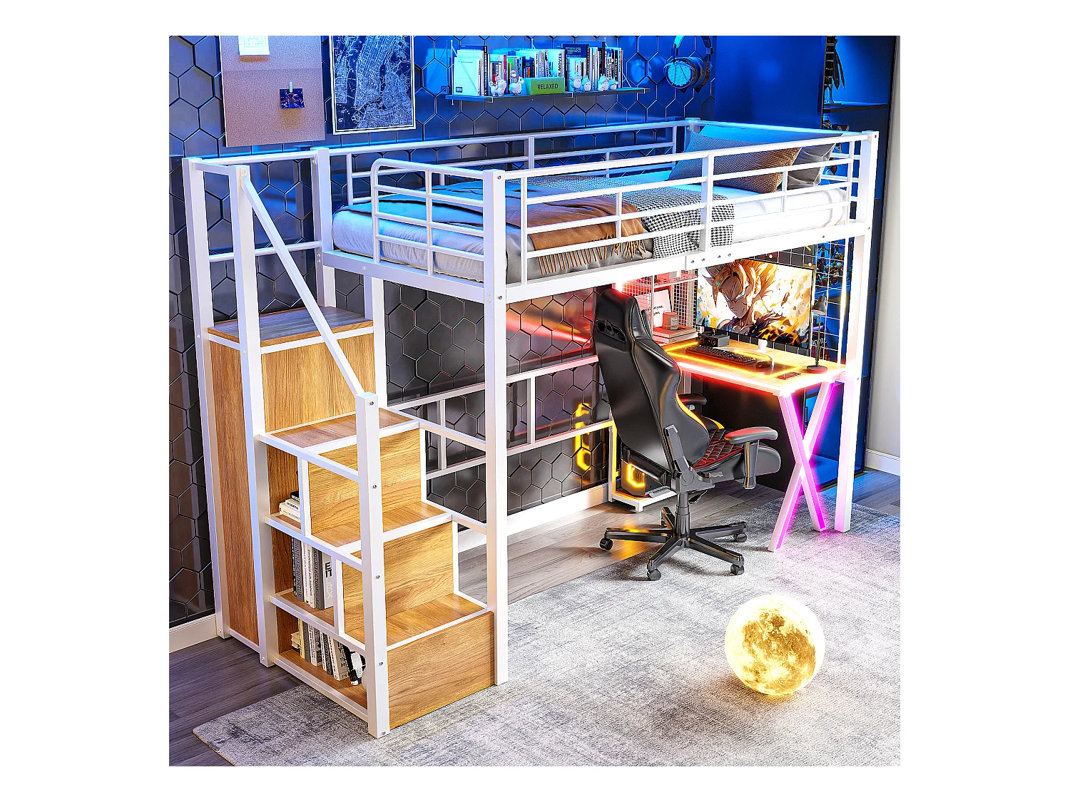 Lit Mezzanine Enfant 90×200 cm - LED - Escalier de Rangement - Bureau - Penderie - Métal Blanc, sans matelas