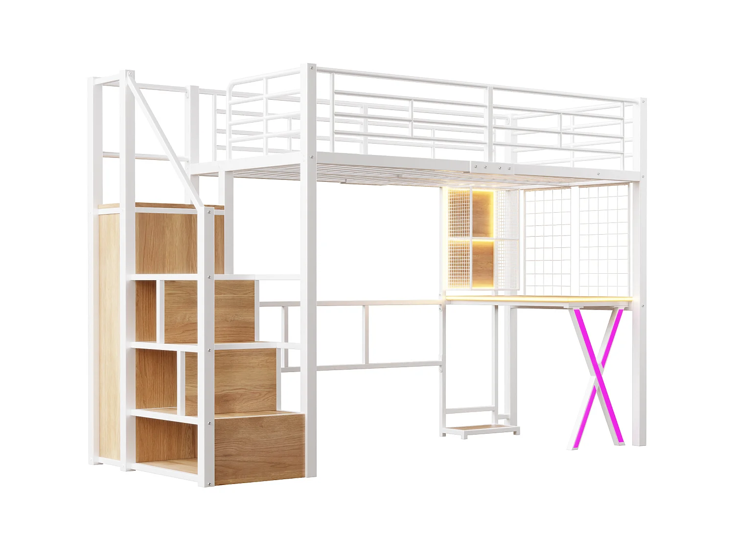 Lit Mezzanine Enfant 90×200 cm - LED - Escalier de Rangement - Bureau - Penderie - Métal Blanc, sans matelas