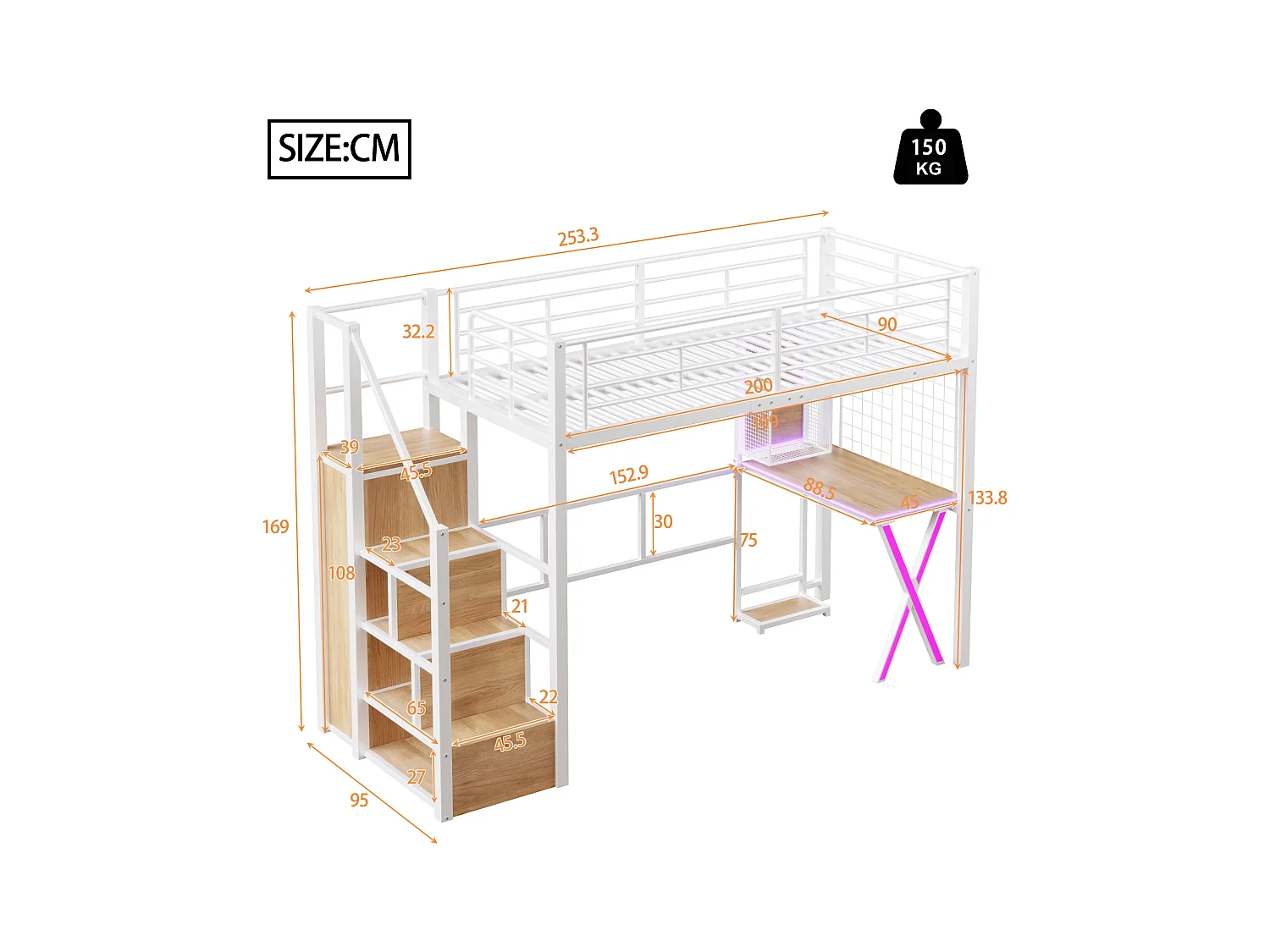 Lit Mezzanine Enfant 90×200 cm - LED - Escalier de Rangement - Bureau - Penderie - Métal Blanc, sans matelas