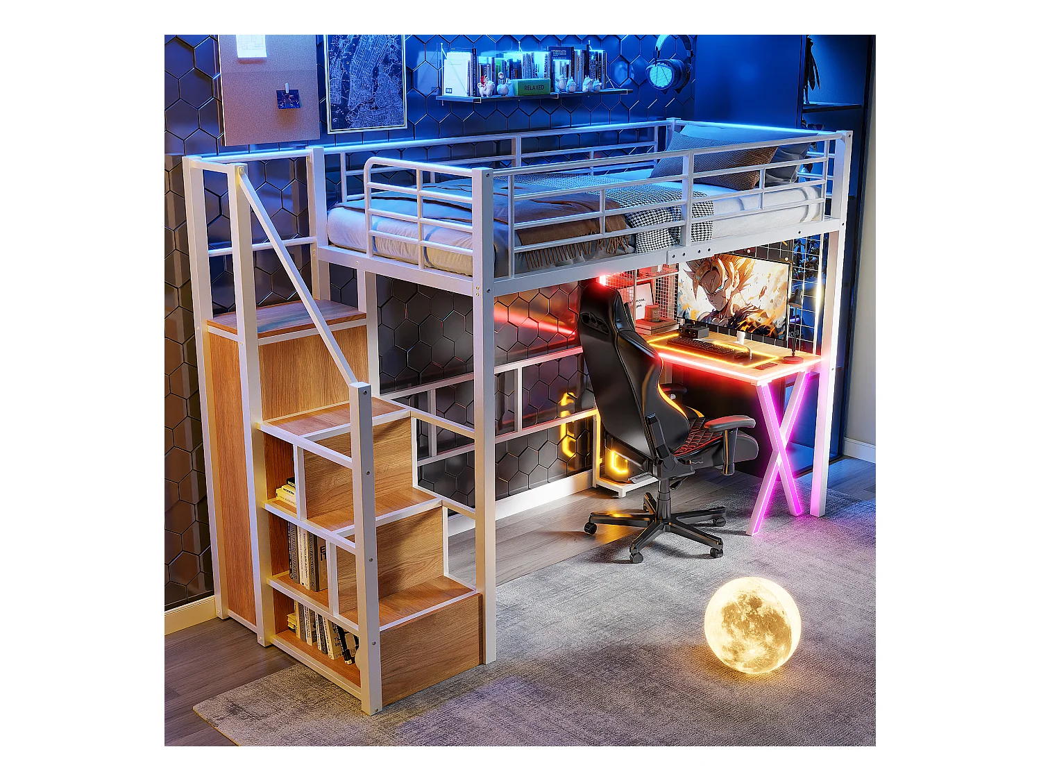 Lit Mezzanine Enfant 90×200 cm - LED - Escalier de Rangement - Bureau - Penderie - Métal Blanc, sans matelas