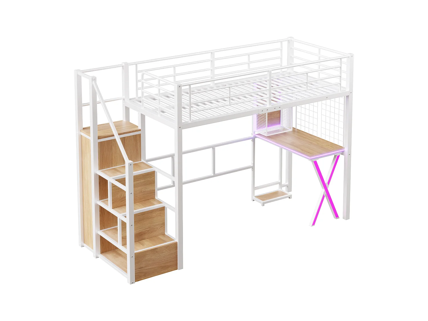 Lit Mezzanine Enfant 90×200 cm - LED - Escalier de Rangement - Bureau - Penderie - Métal Blanc, sans matelas
