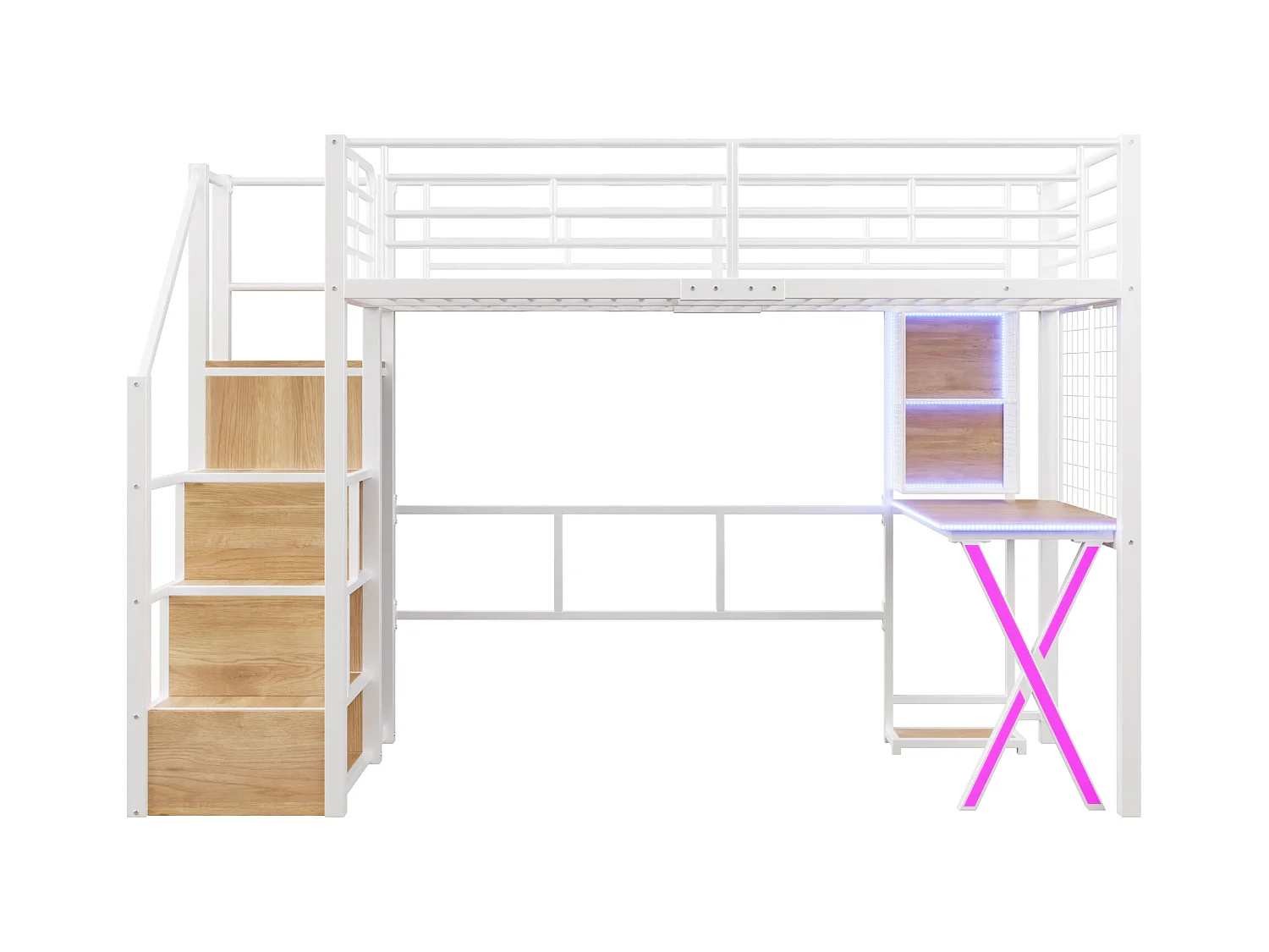 Lit Mezzanine Enfant 90×200 cm - LED - Escalier de Rangement - Bureau - Penderie - Métal Blanc, sans matelas
