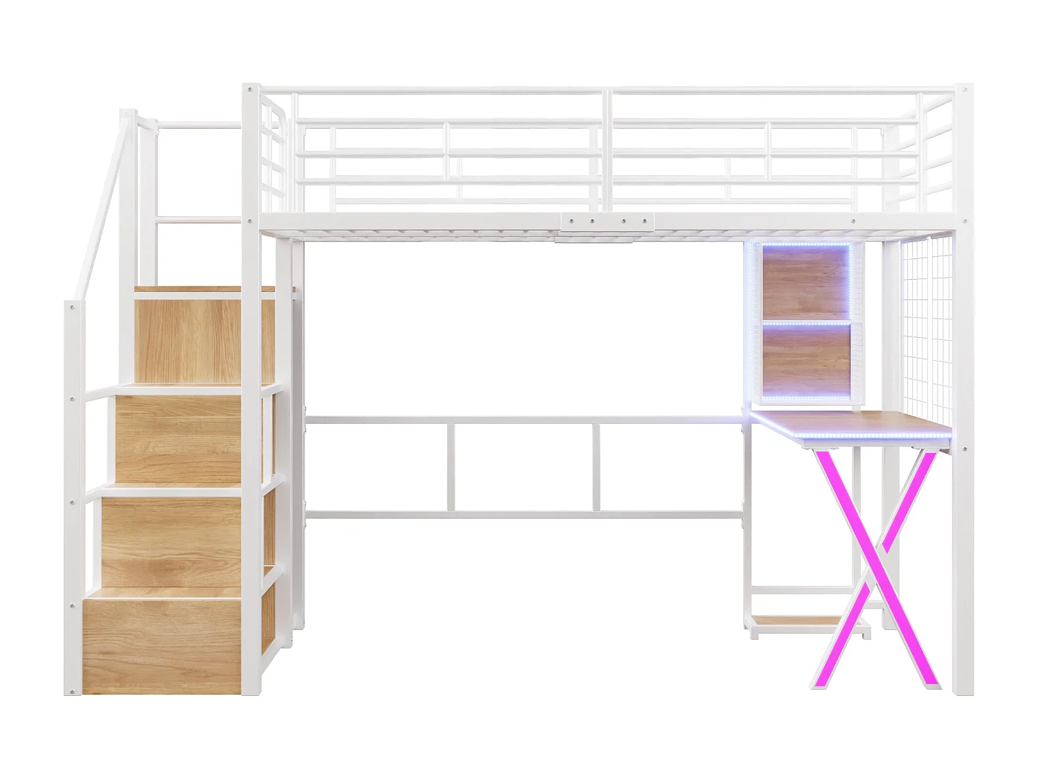 Lit Mezzanine Enfant 90×200 cm - LED - Escalier de Rangement - Bureau - Penderie - Métal Blanc, sans matelas