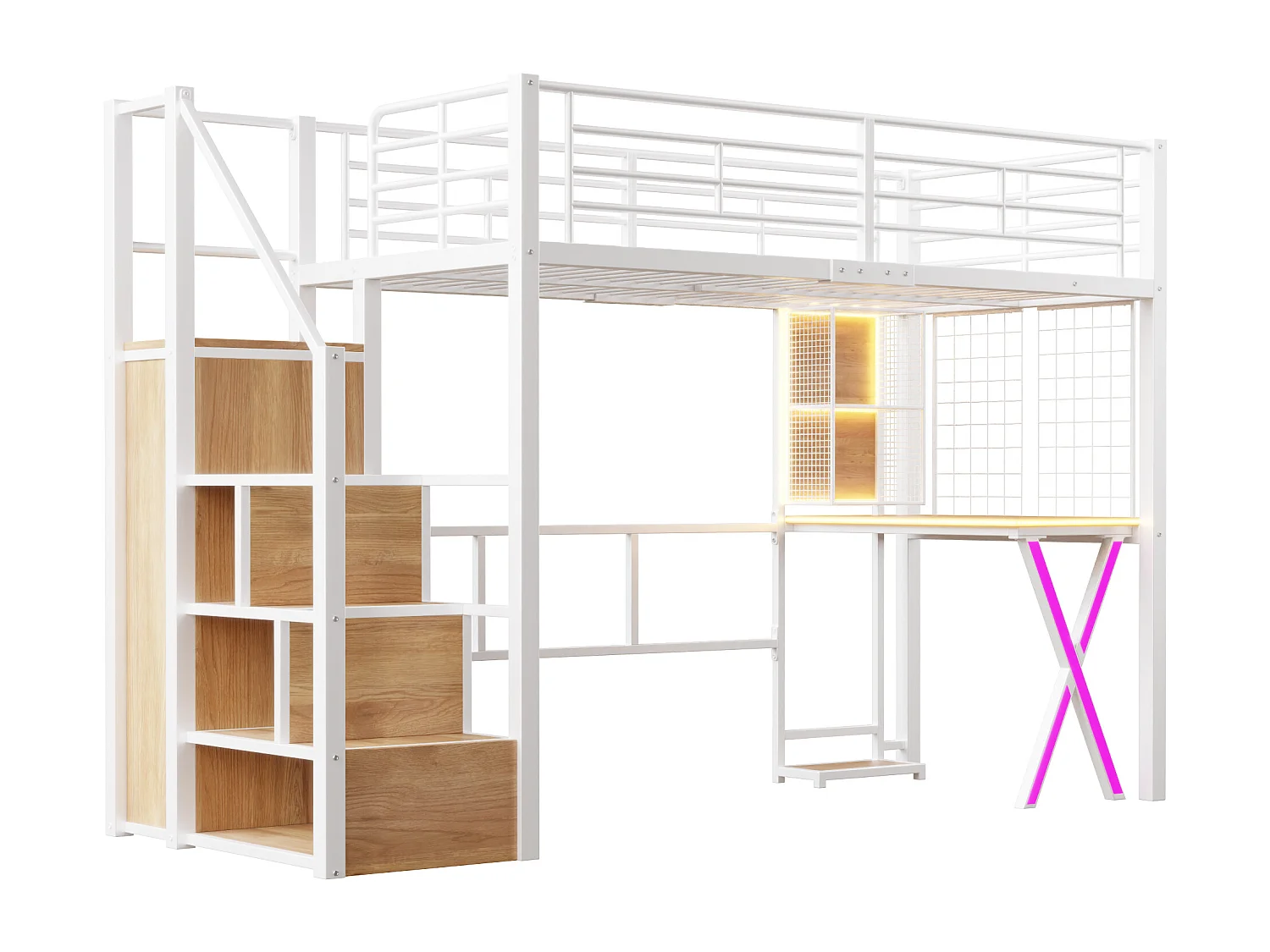 Lit Mezzanine Enfant 90×200 cm - LED - Escalier de Rangement - Bureau - Penderie - Métal Blanc, sans matelas