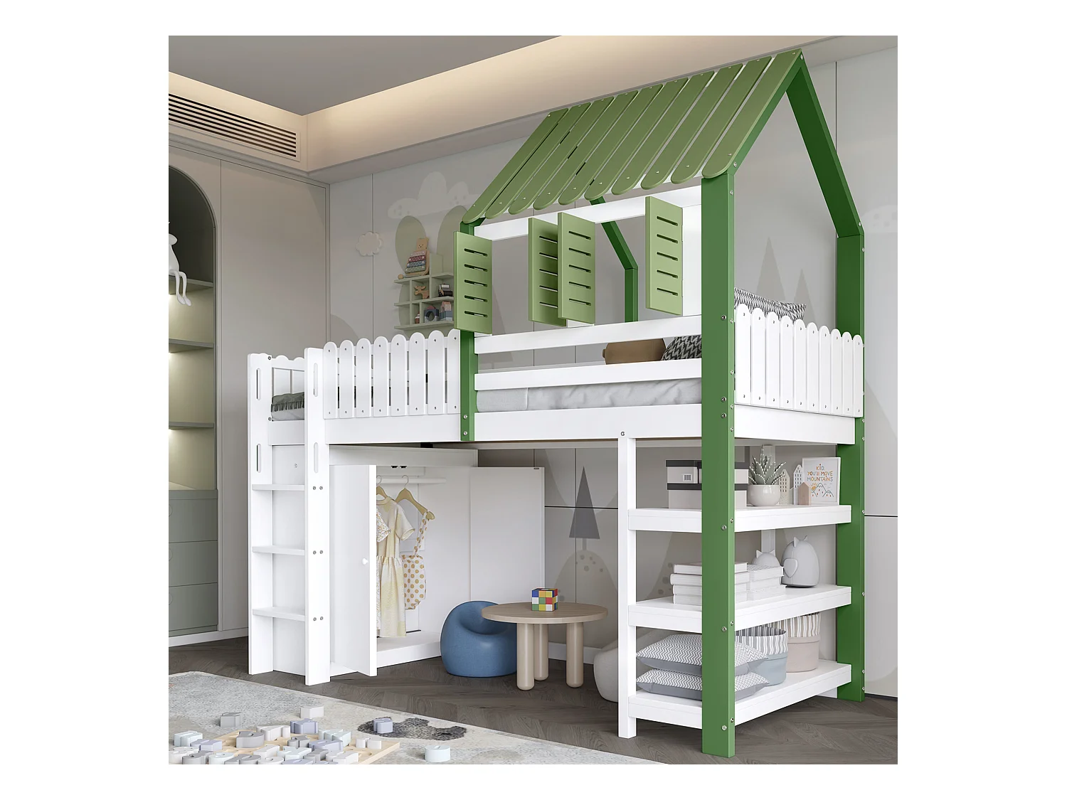 Hoogslaper, kinderbed 90x200cm met trap, kledingkast en opbergplanken, lattenbodem, zonder matras, wit en groen