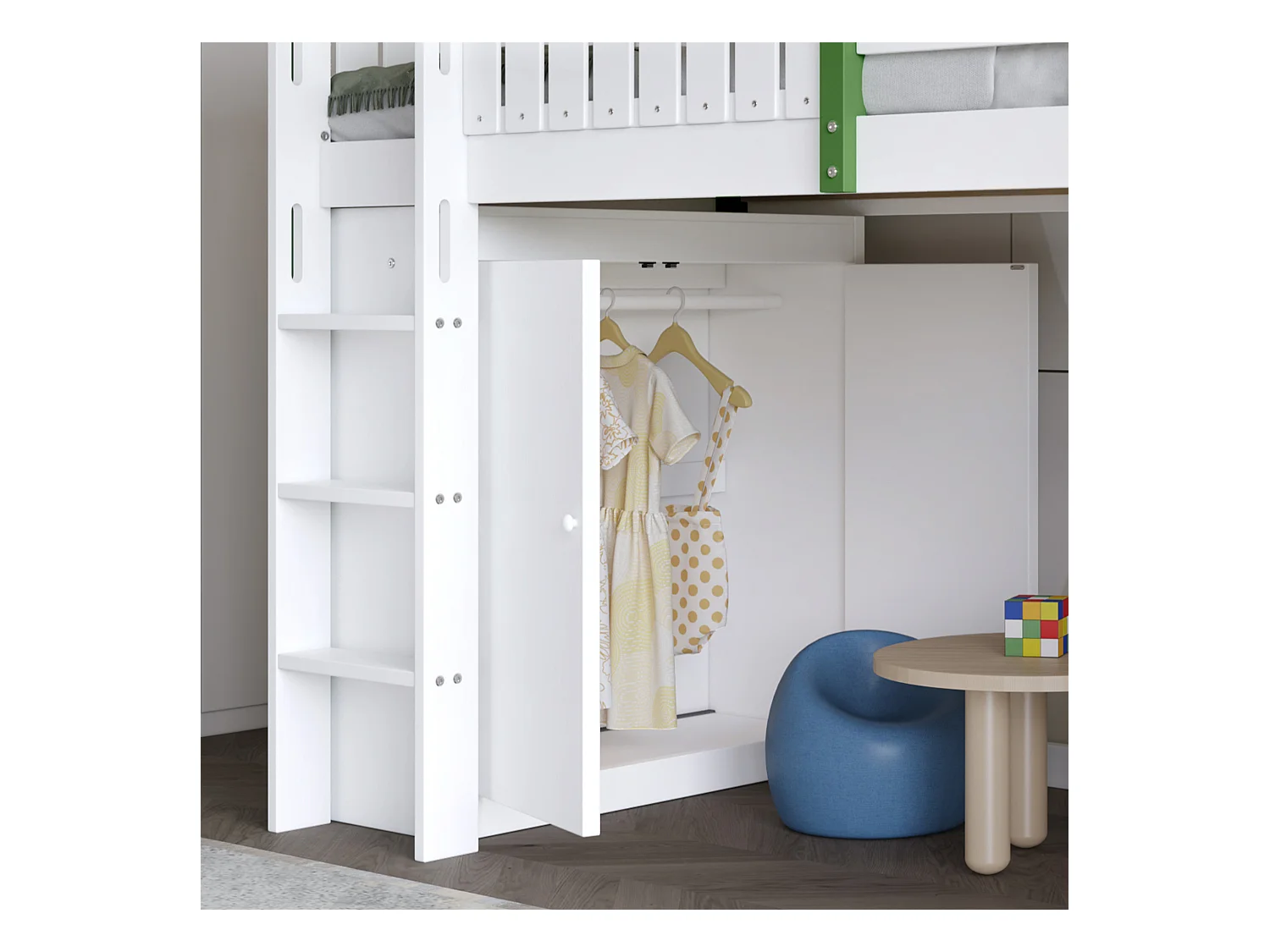 Hoogslaper, kinderbed 90x200cm met trap, kledingkast en opbergplanken, lattenbodem, zonder matras, wit en groen