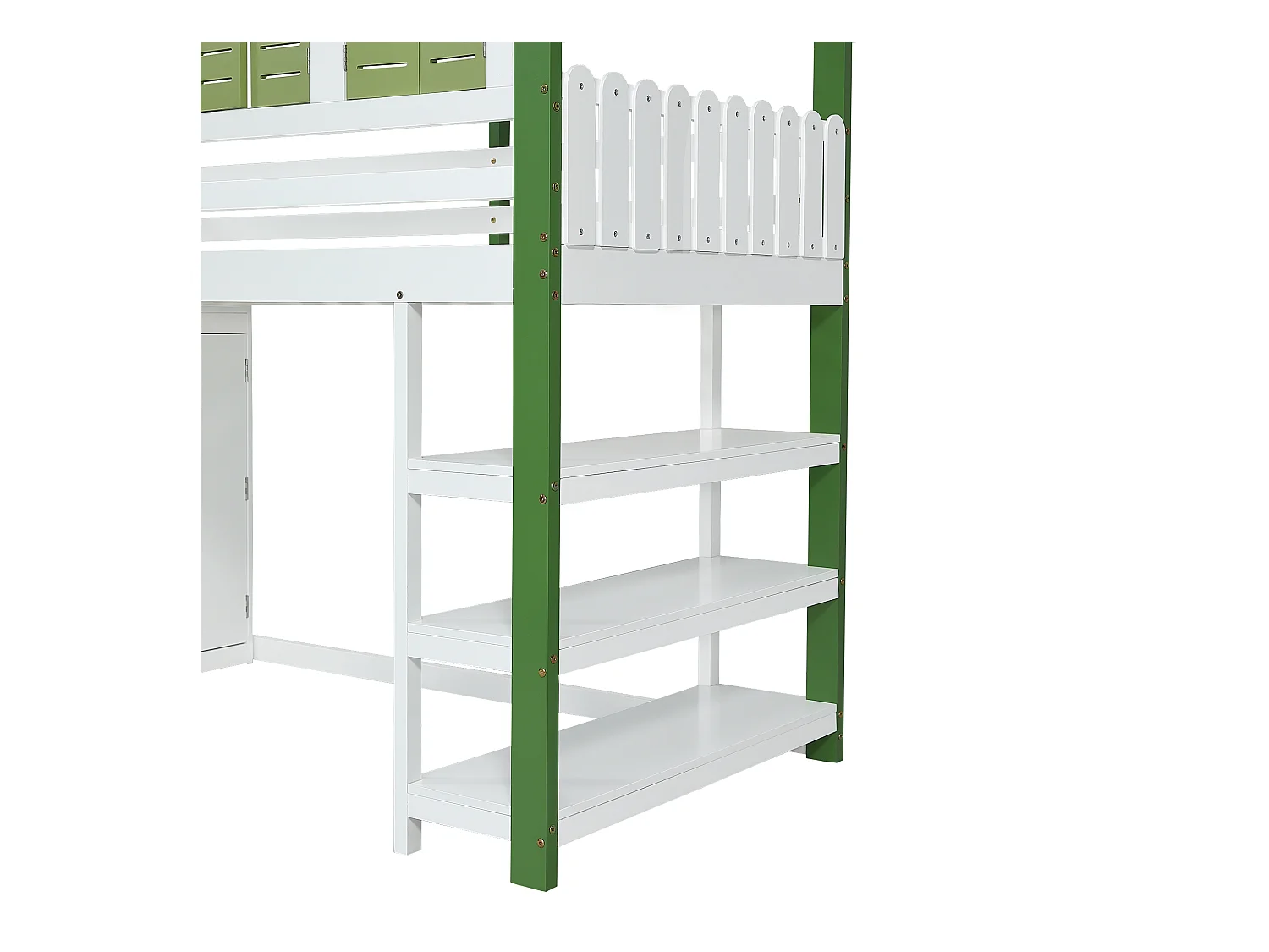 Hoogslaper, kinderbed 90x200cm met trap, kledingkast en opbergplanken, lattenbodem, zonder matras, wit en groen