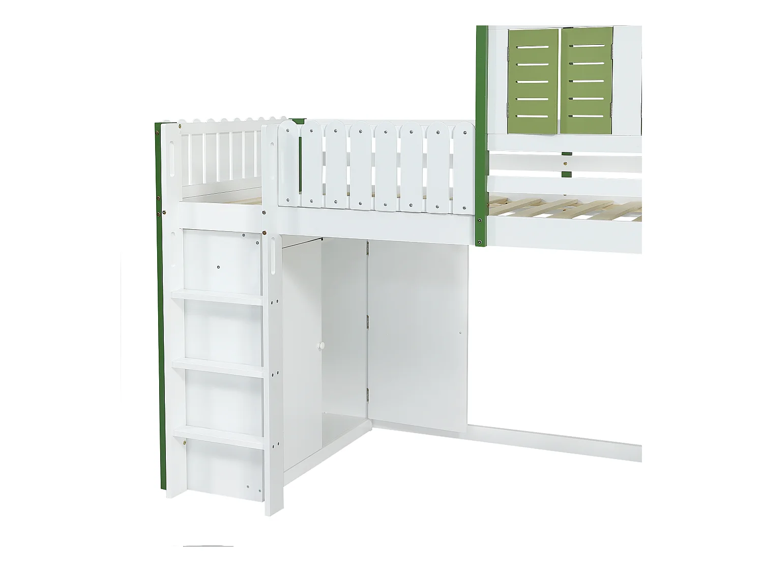 Lit mezzanine, lit cabane enfant 90x200cm avec escalier, penderie et étagères de rangement, sommier à lattes, sans matelas, blanc et vert