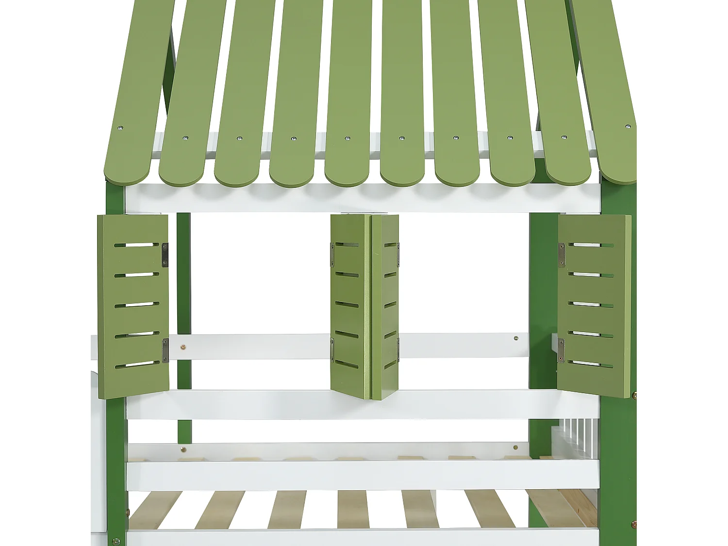 Letto a soppalco, letto a castello per bambini 90x200cm con scaletta, armadio e ripiani, rete a doghe, senza materasso, bianco e verde