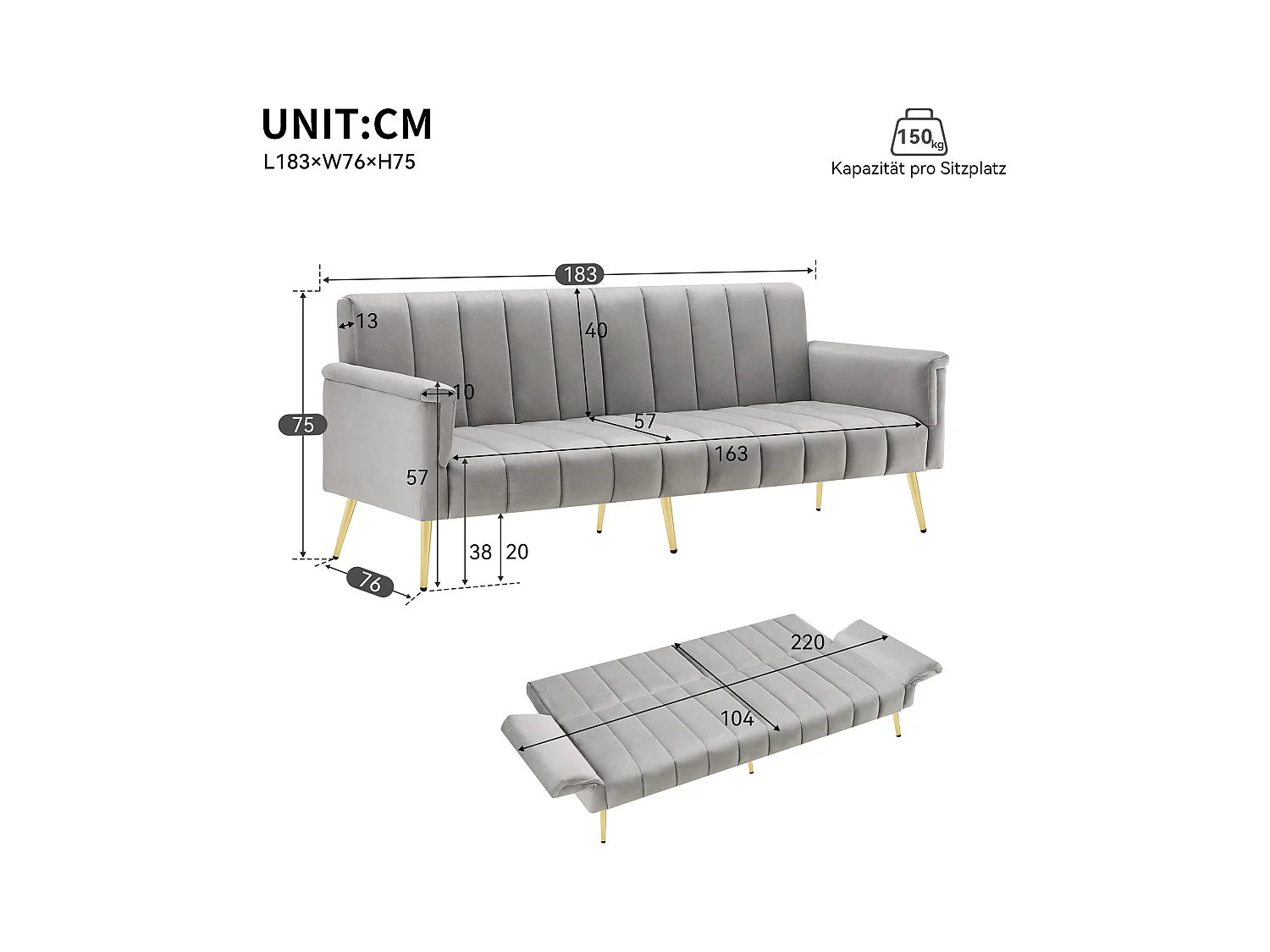 Canapé droit 2 places convertible en velours gris clair, dossier et accoudoirs rabattable -183x76x75cm