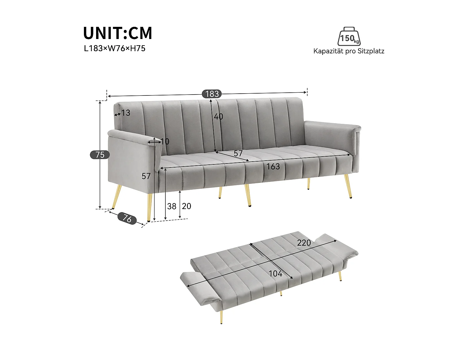 Canapé droit 2 places convertible en velours gris clair, dossier et accoudoirs rabattable -183x76x75cm