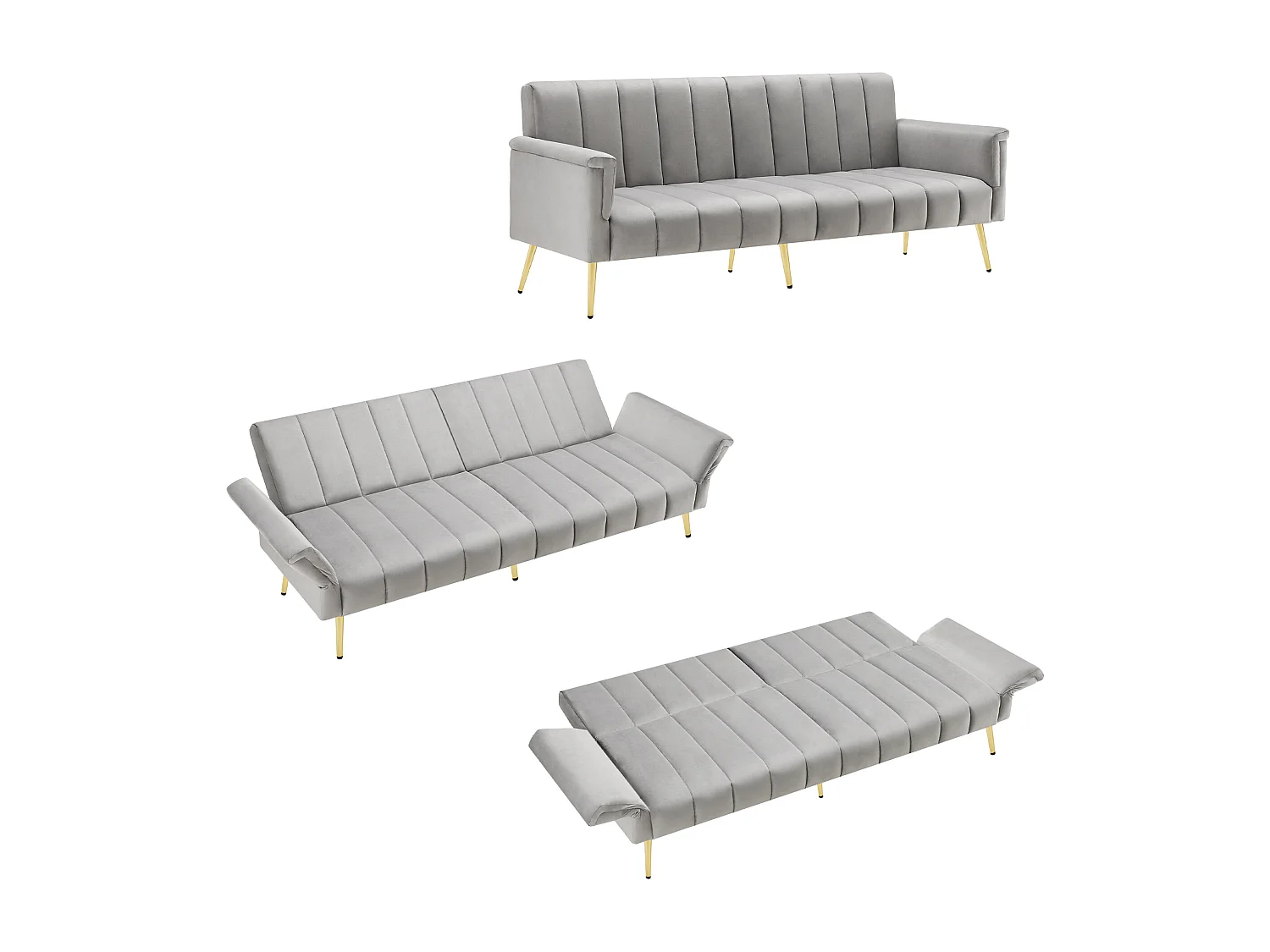 Canapé droit 2 places convertible en velours gris clair, dossier et accoudoirs rabattable -183x76x75cm