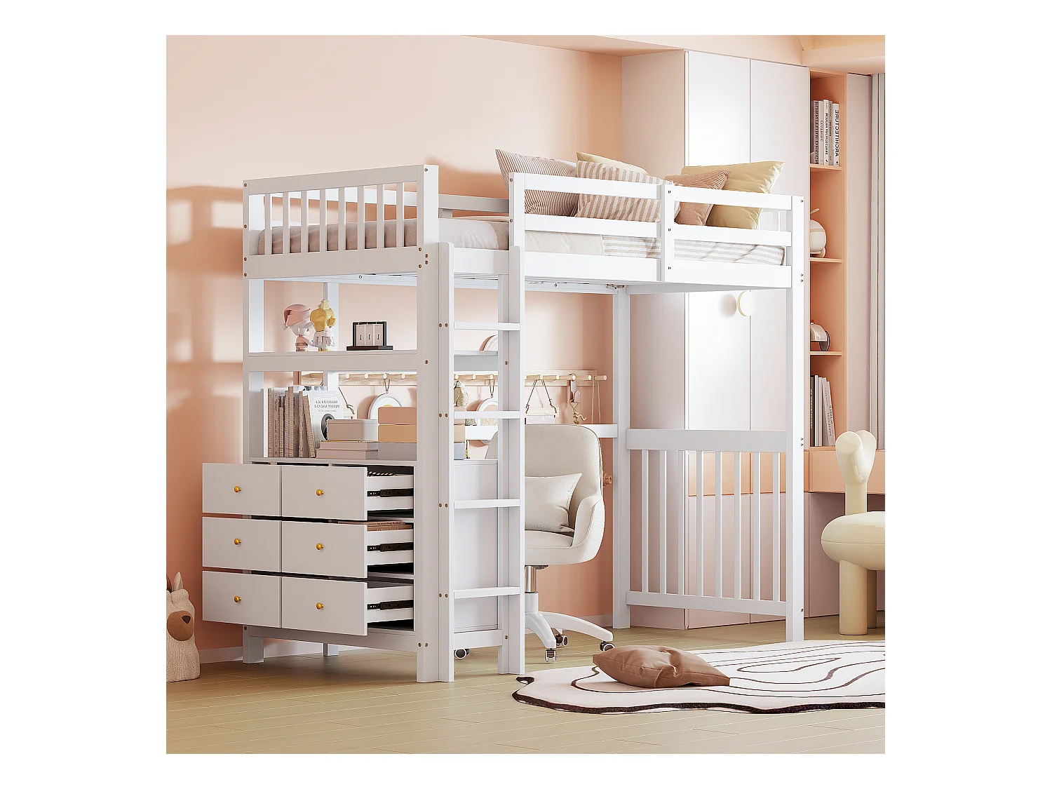 Lit mezzanine enfant 90x200cm avec tiroirs et étagères de rangement, pin, blanc, sans matelas
