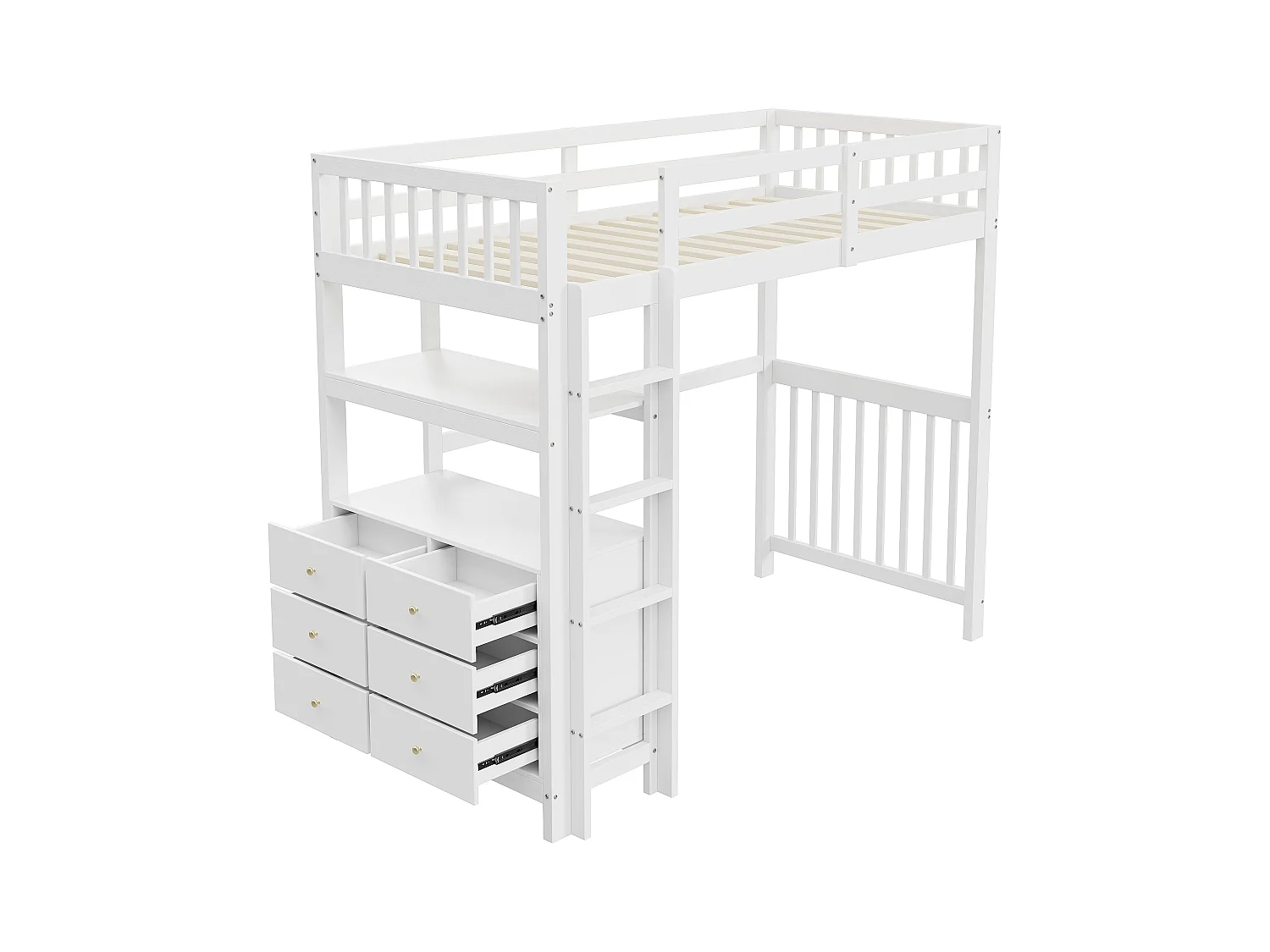 Lit mezzanine enfant 90x200cm avec tiroirs et étagères de rangement, pin, blanc, sans matelas