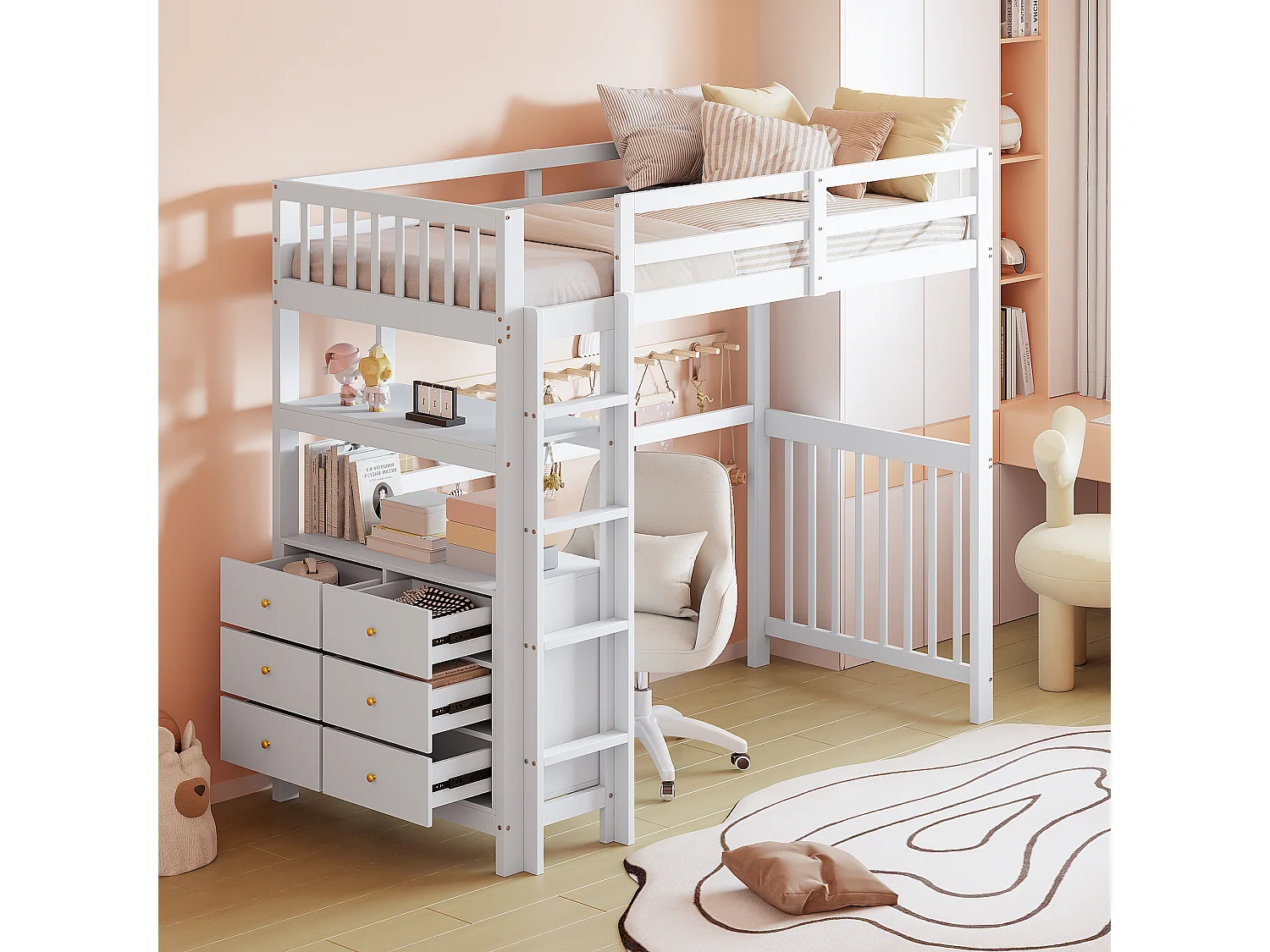 Lit mezzanine enfant 90x200cm avec tiroirs et étagères de rangement, pin, blanc, sans matelas