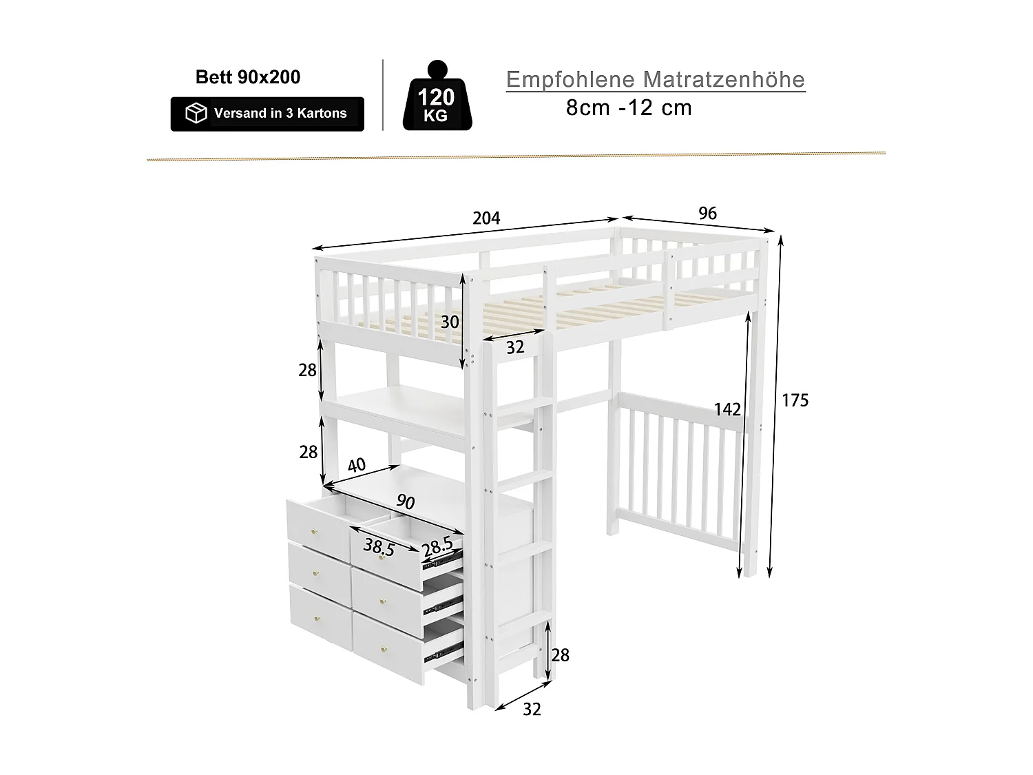 Lit mezzanine enfant 90x200cm avec tiroirs et étagères de rangement, pin, blanc, sans matelas