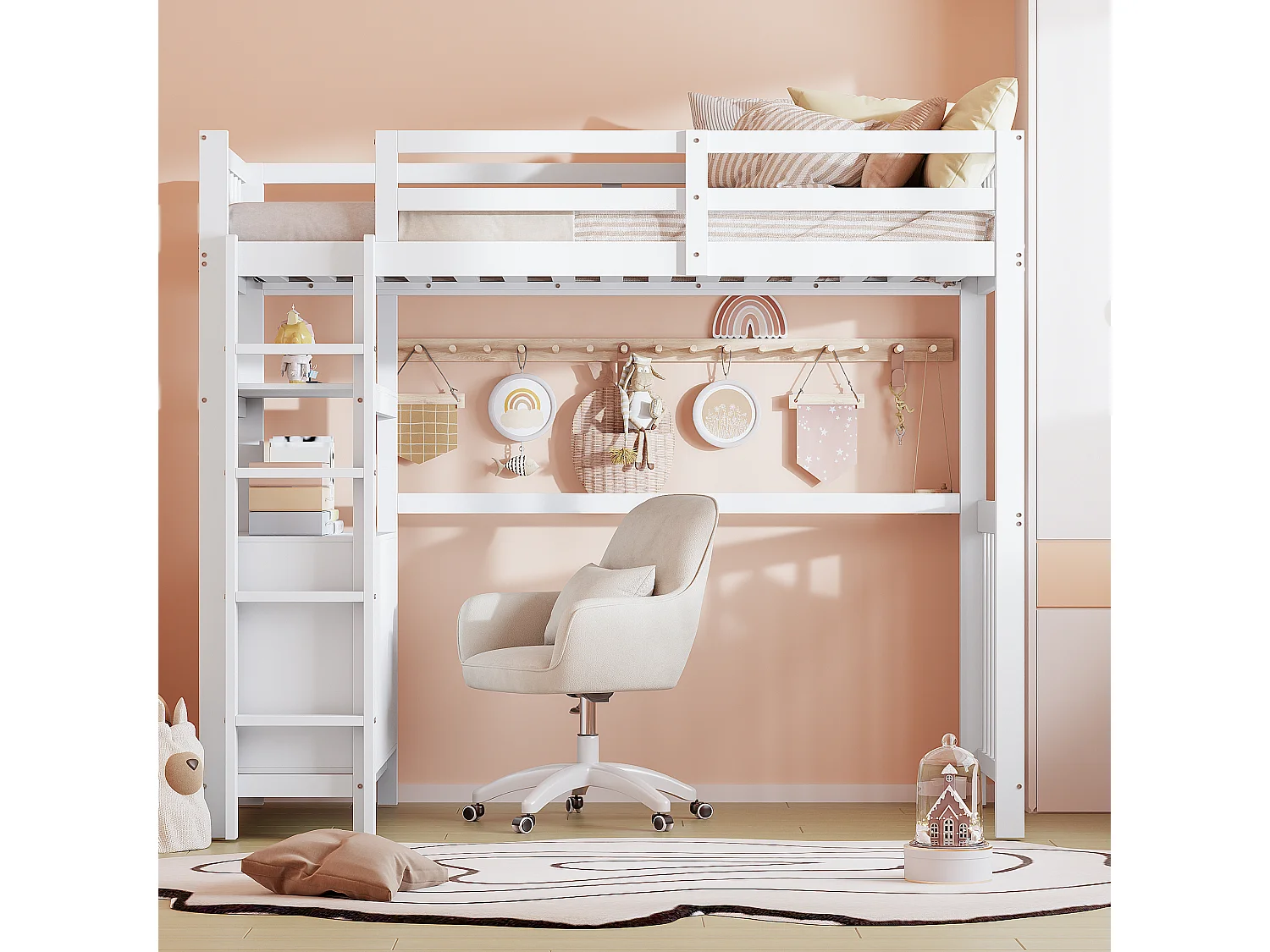 Lit mezzanine enfant 90x200cm avec tiroirs et étagères de rangement, pin, blanc, sans matelas