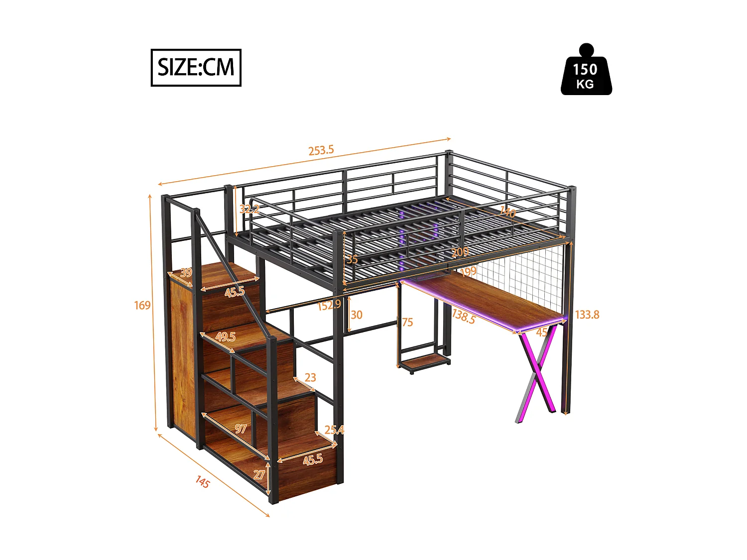 Lit Mezzanine Enfant 140×200 cm - LED - Escalier de Rangement - Bureau - Penderie - Métal Noir, sans matelas