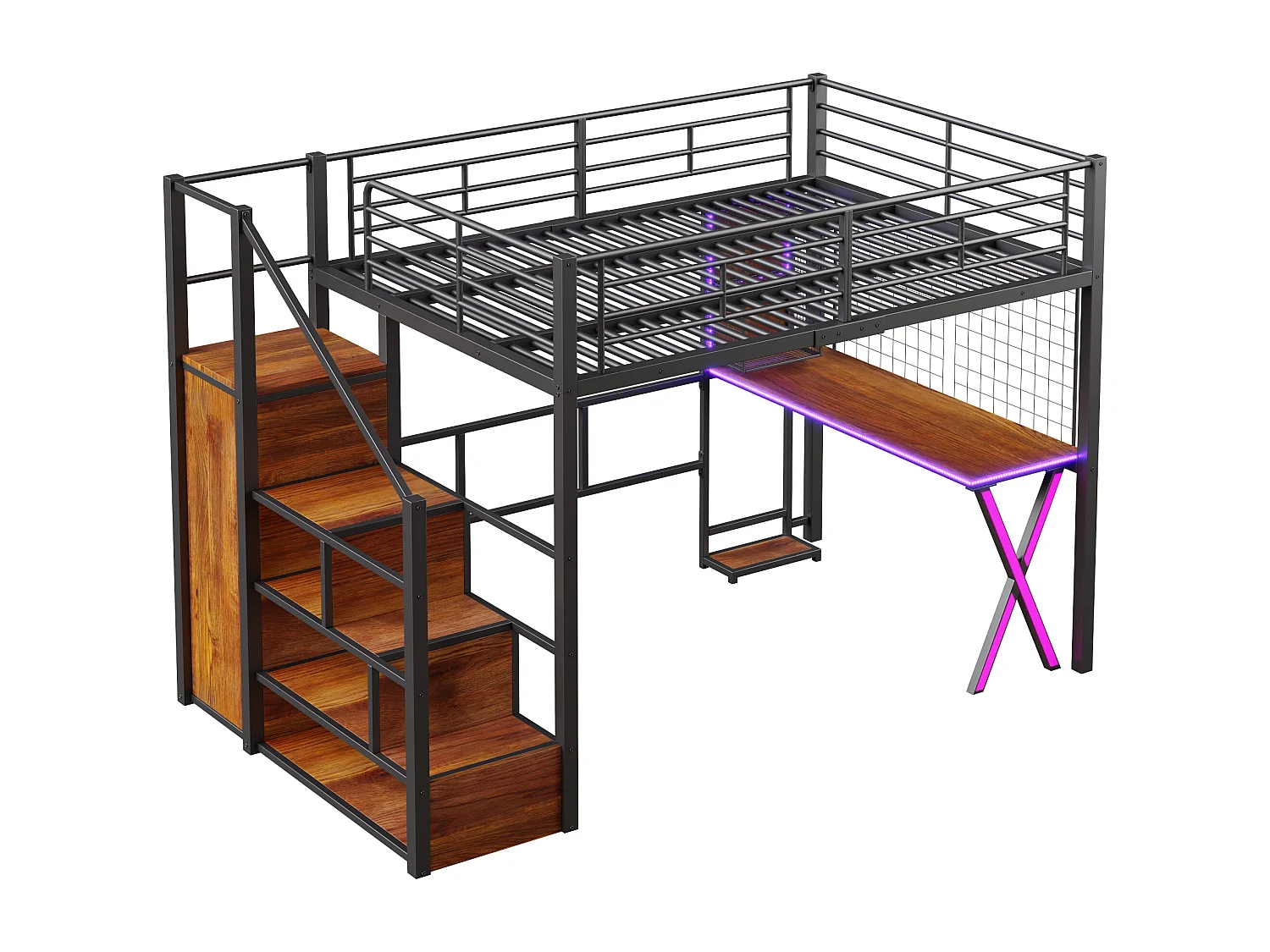 Lit Mezzanine Enfant 140×200 cm - LED - Escalier de Rangement - Bureau - Penderie - Métal Noir, sans matelas