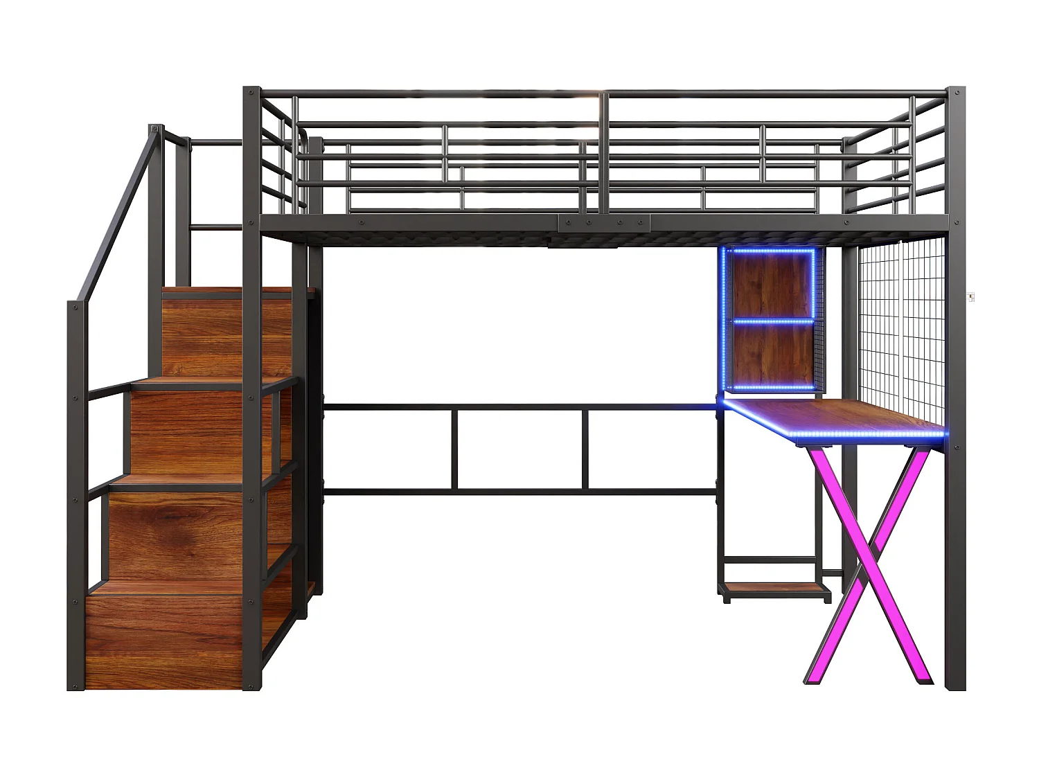 Lit Mezzanine Enfant 140×200 cm - LED - Escalier de Rangement - Bureau - Penderie - Métal Noir, sans matelas