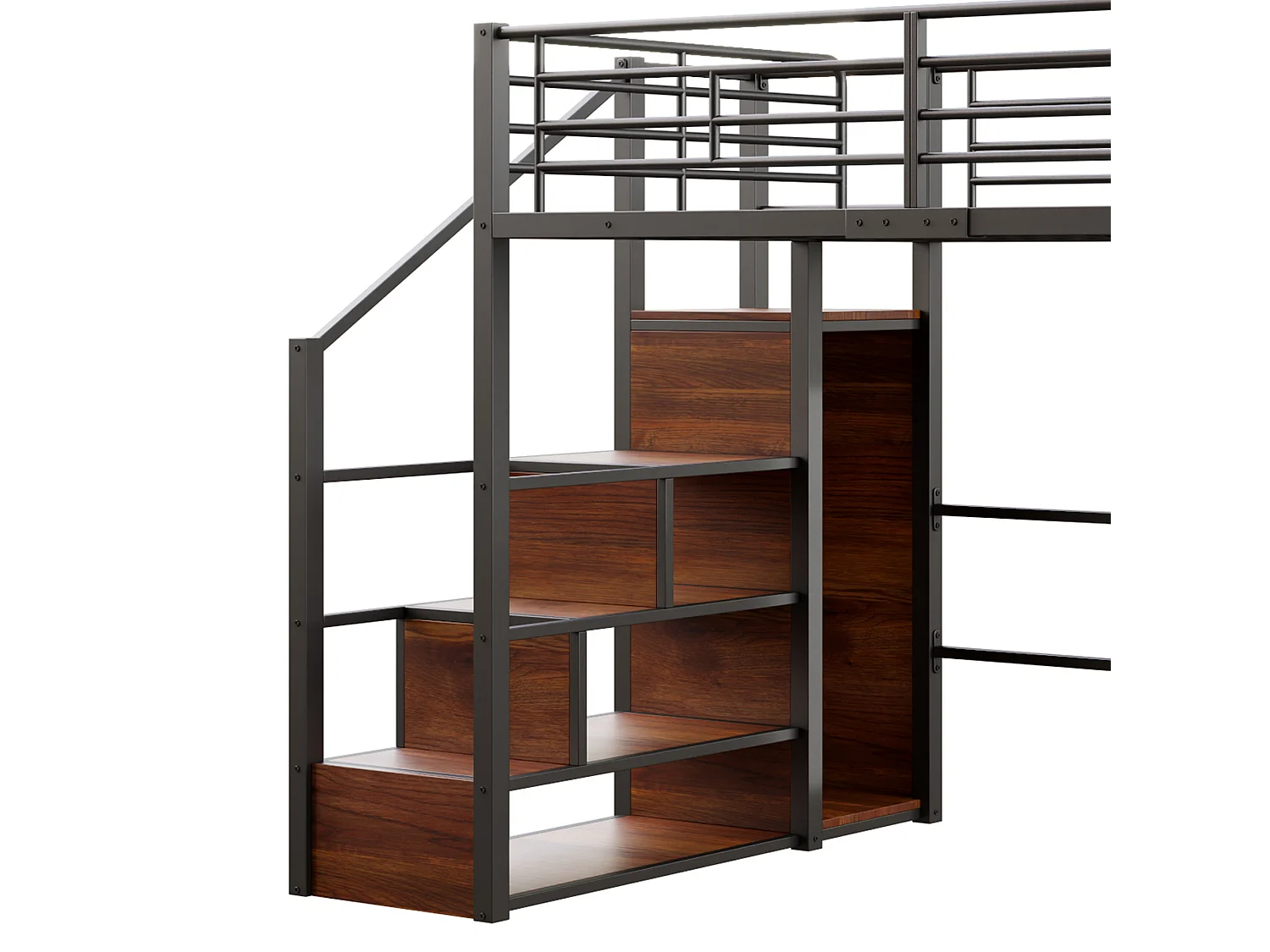 Lit Mezzanine Enfant 140×200 cm - LED - Escalier de Rangement - Bureau - Penderie - Métal Noir, sans matelas