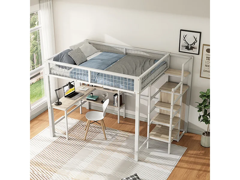 Letto a soppalco per bambini 140x200cm con scaletta e scrivania, ripiani e armadio inclusi, struttura in metallo e MDF, senza materasso, bianco