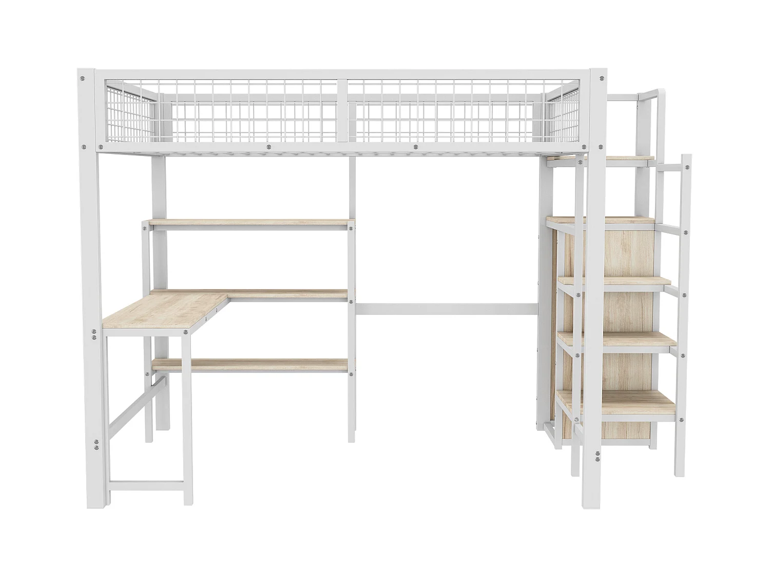 Kinderhoogslaper 140x200cm met trap en bureau, inclusief planken en kledingkast, frame van metaal en MDF, zonder matras, wit