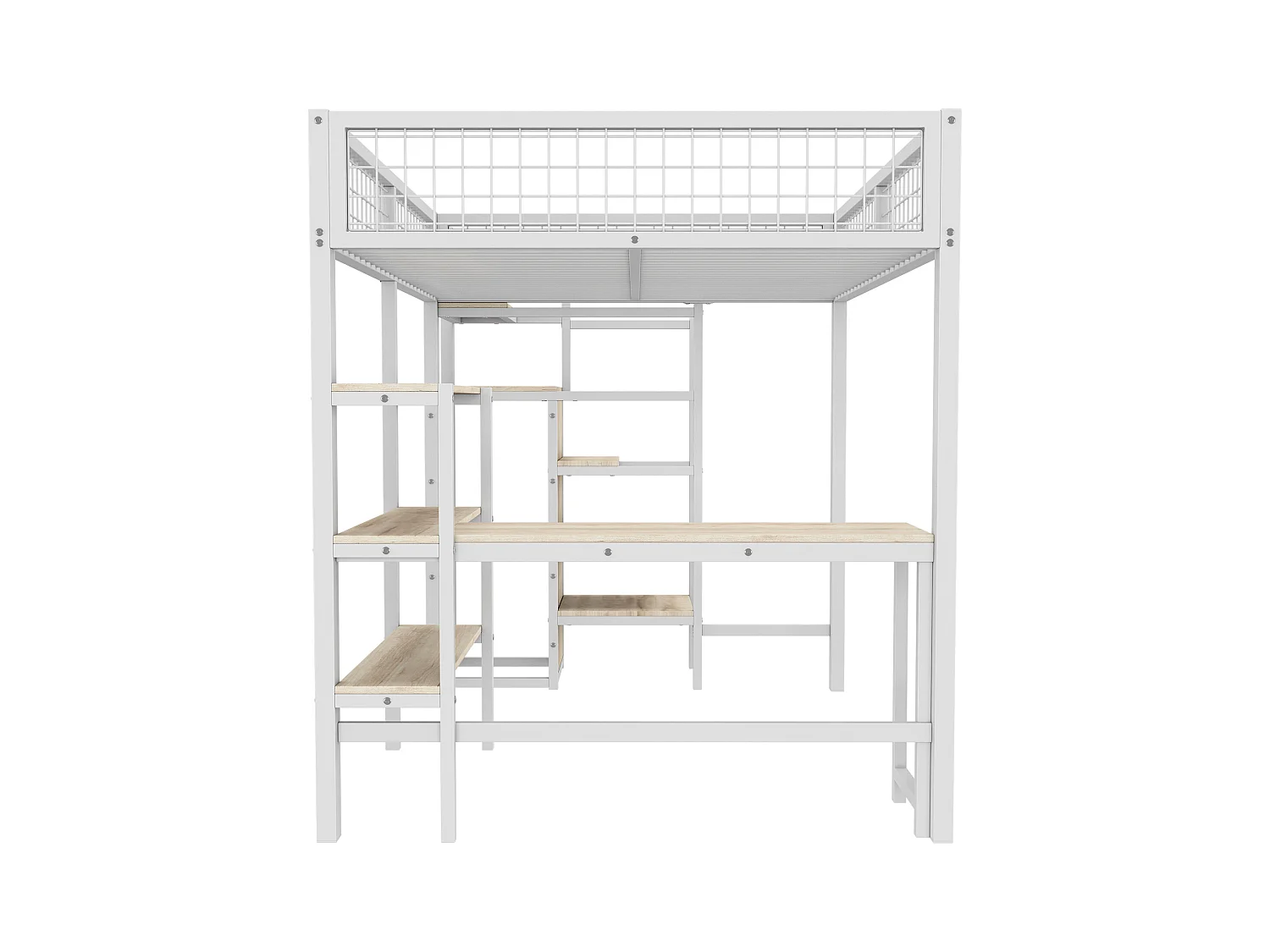 Kinderhoogslaper 140x200cm met trap en bureau, inclusief planken en kledingkast, frame van metaal en MDF, zonder matras, wit