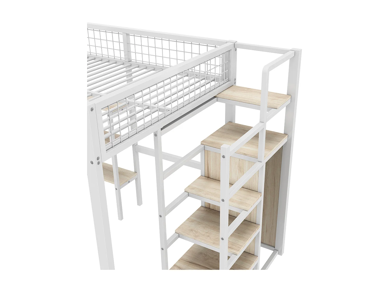 Lit mezzanine enfant 140x200cm avec escalier et bureau, étagères et penderie inclus, cadre en Métal et MDF, sans matelas, Blanc