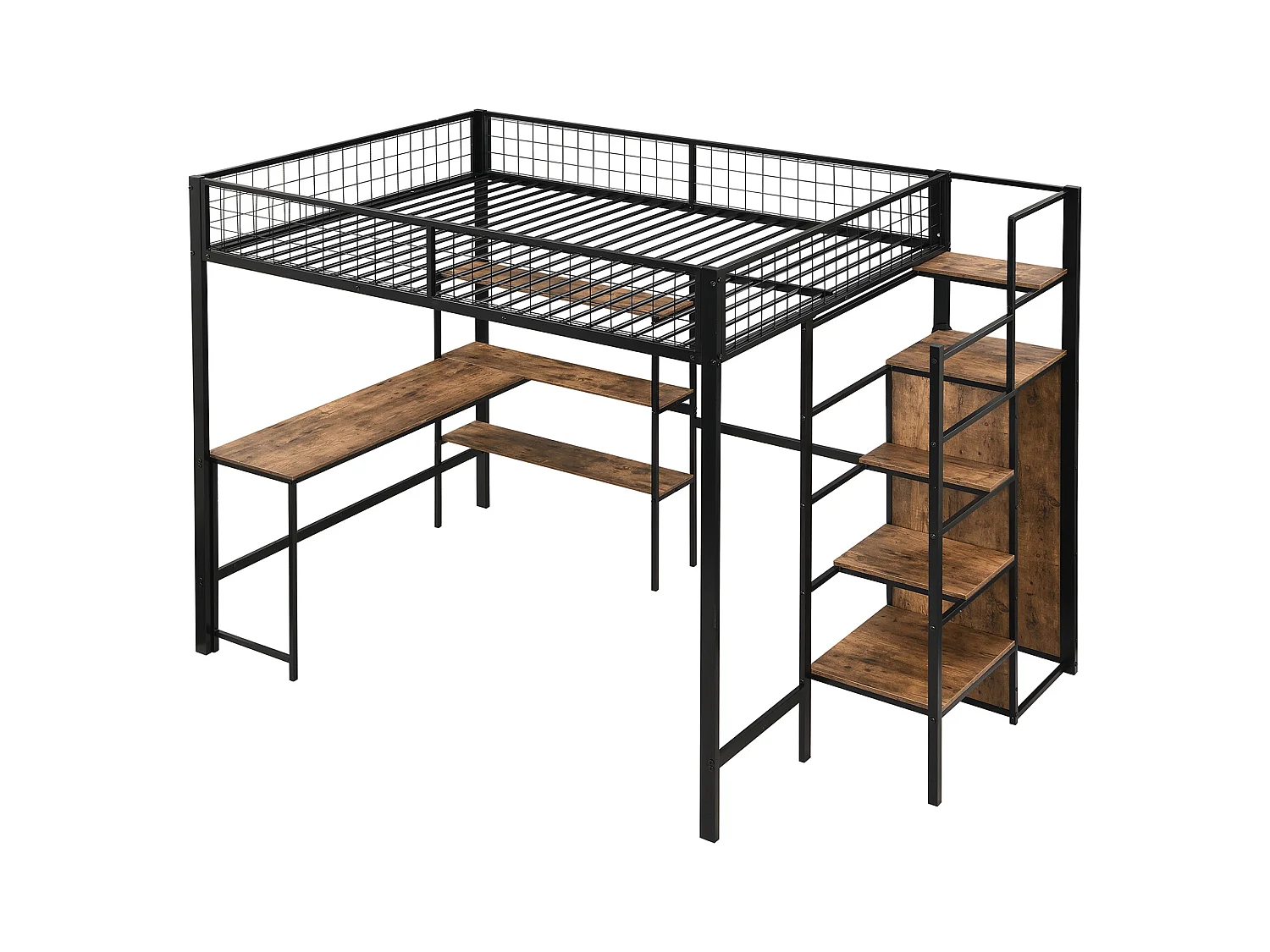 Kinderhoogslaper 140x200cm met trap en bureau, inclusief planken en kledingkast, frame van metaal en MDF, zonder matras, zwart