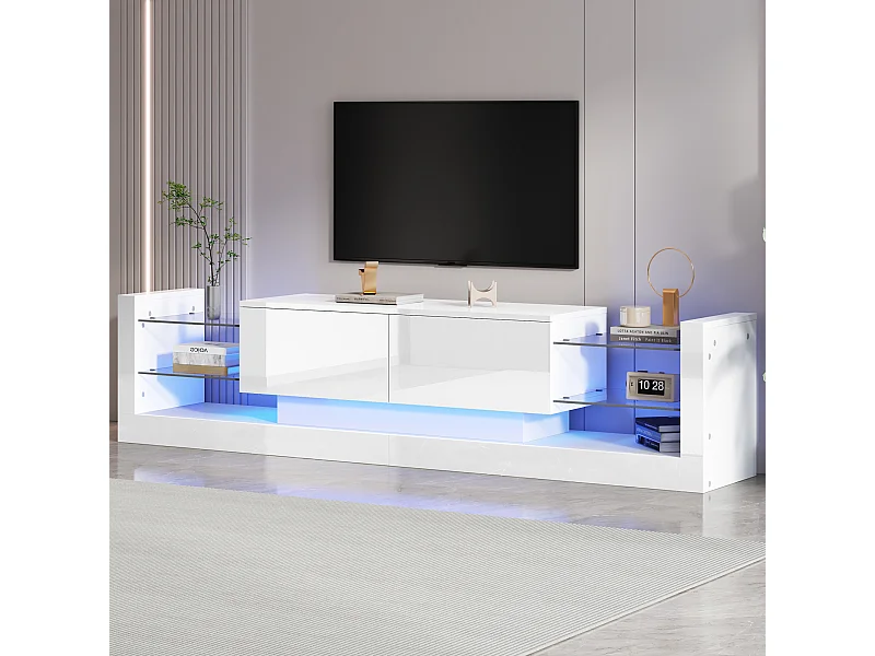 Meuble TV 181x38x38cm avec 2 portes et 4 tablettes en verre, LED inclus, blanc