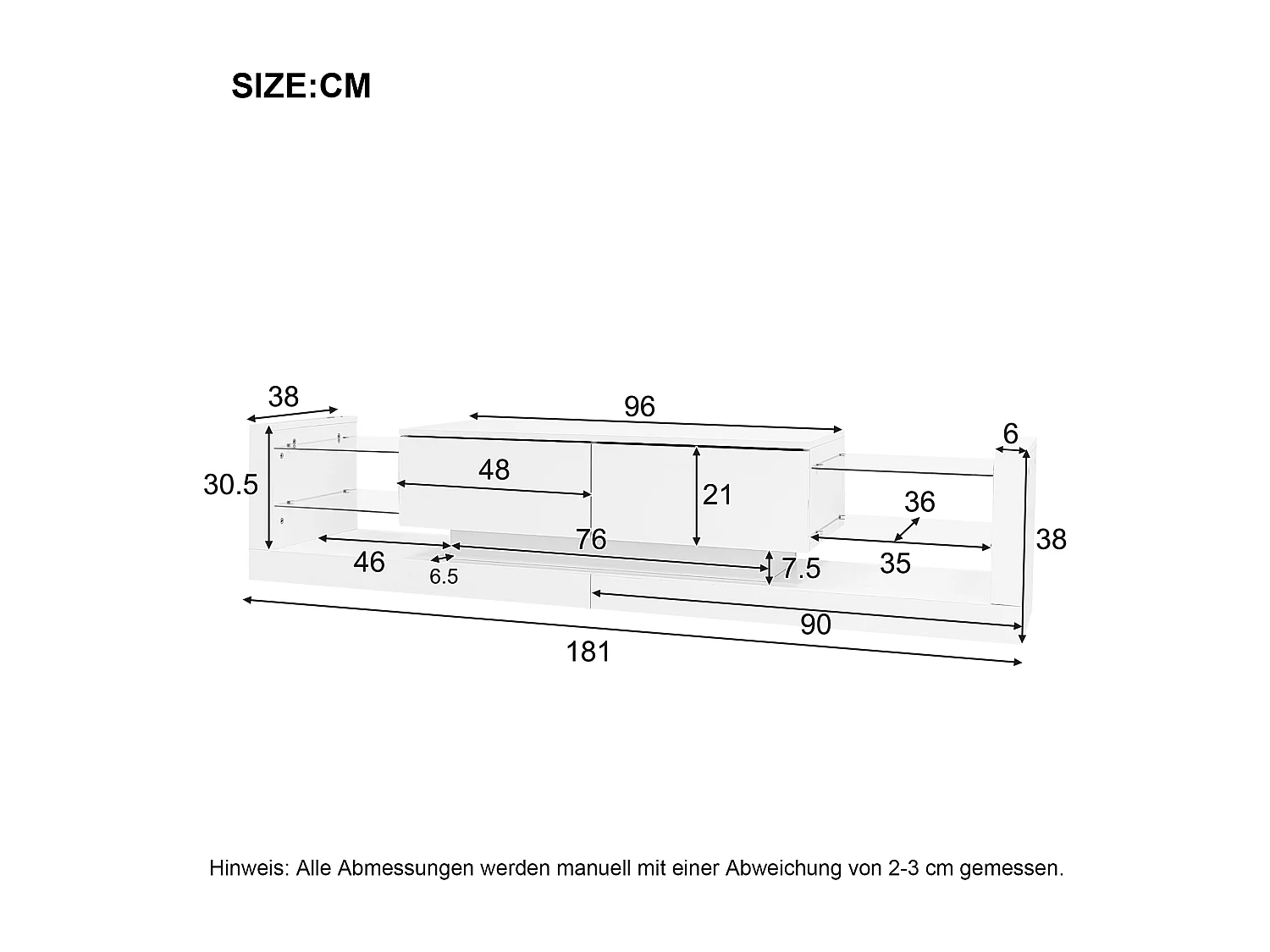 TV-meubel 181x38x38cm met 2 deuren en 4 glazen planken, LED inbegrepen, wit