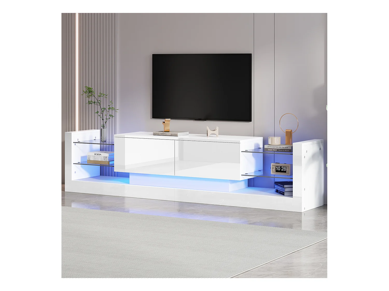 Meuble TV 181x38x38cm avec 2 portes et 4 tablettes en verre, LED inclus, blanc